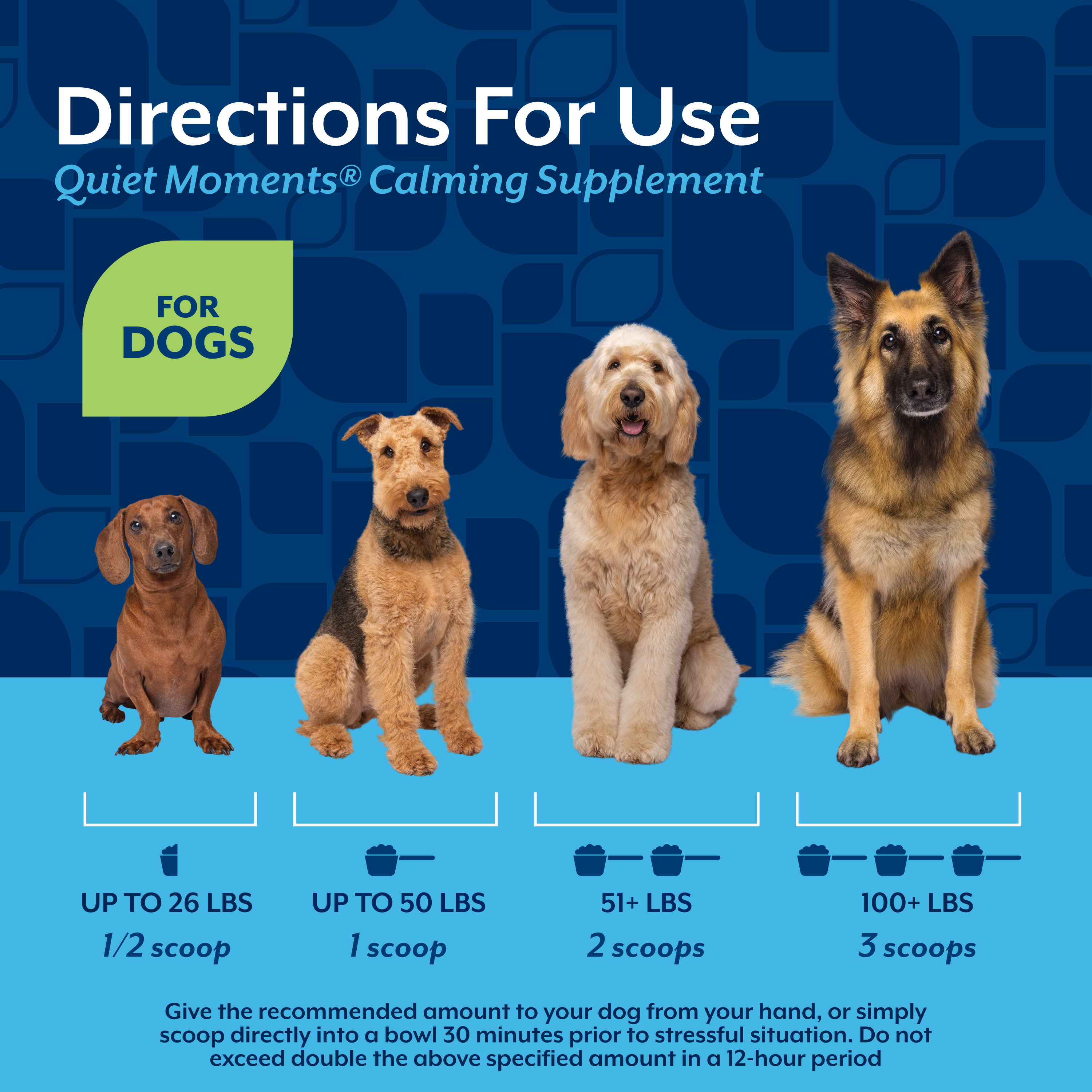 Feeding directions chart by dog weight for NaturVet Quiet Moments Calming Scoopable Tiny Bites