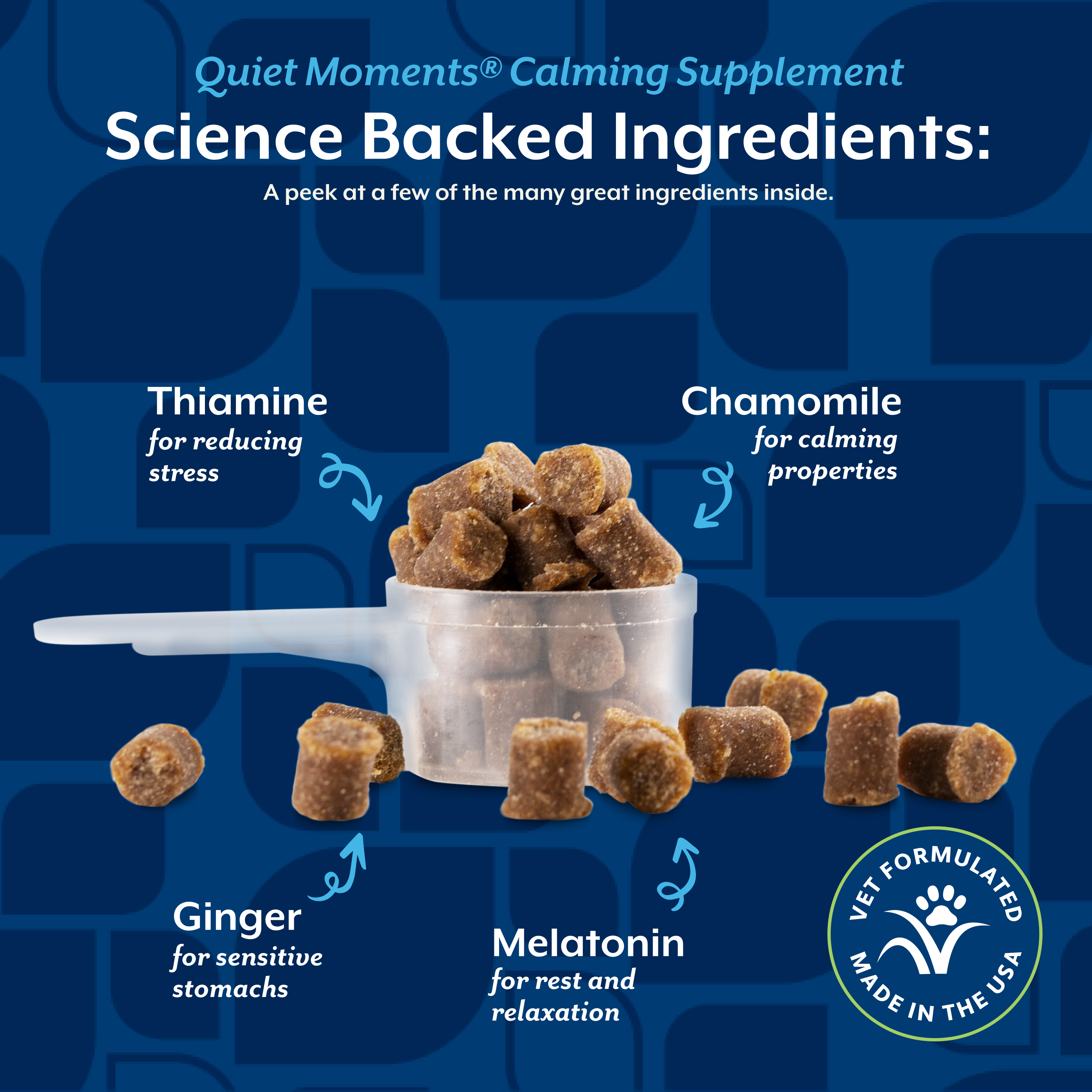 Science-backed ingredient panel for NaturVet Quiet Moments Calming Scoopable Tiny Bites