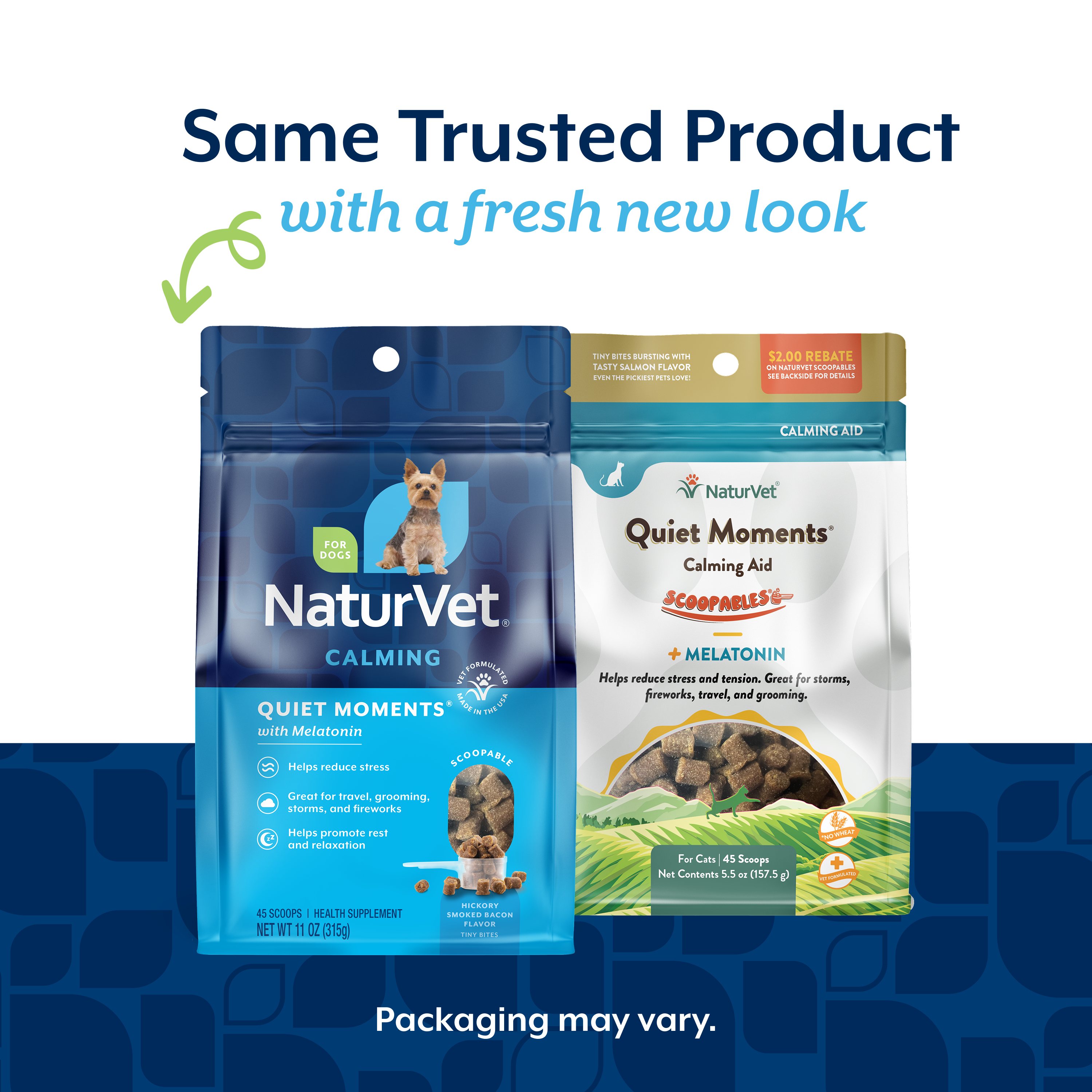 Same trusted NaturVet Quiet Moments Calming Scoopable Tiny Bites formula in refreshed NaturVet packaging, old bag and new bag side by side
