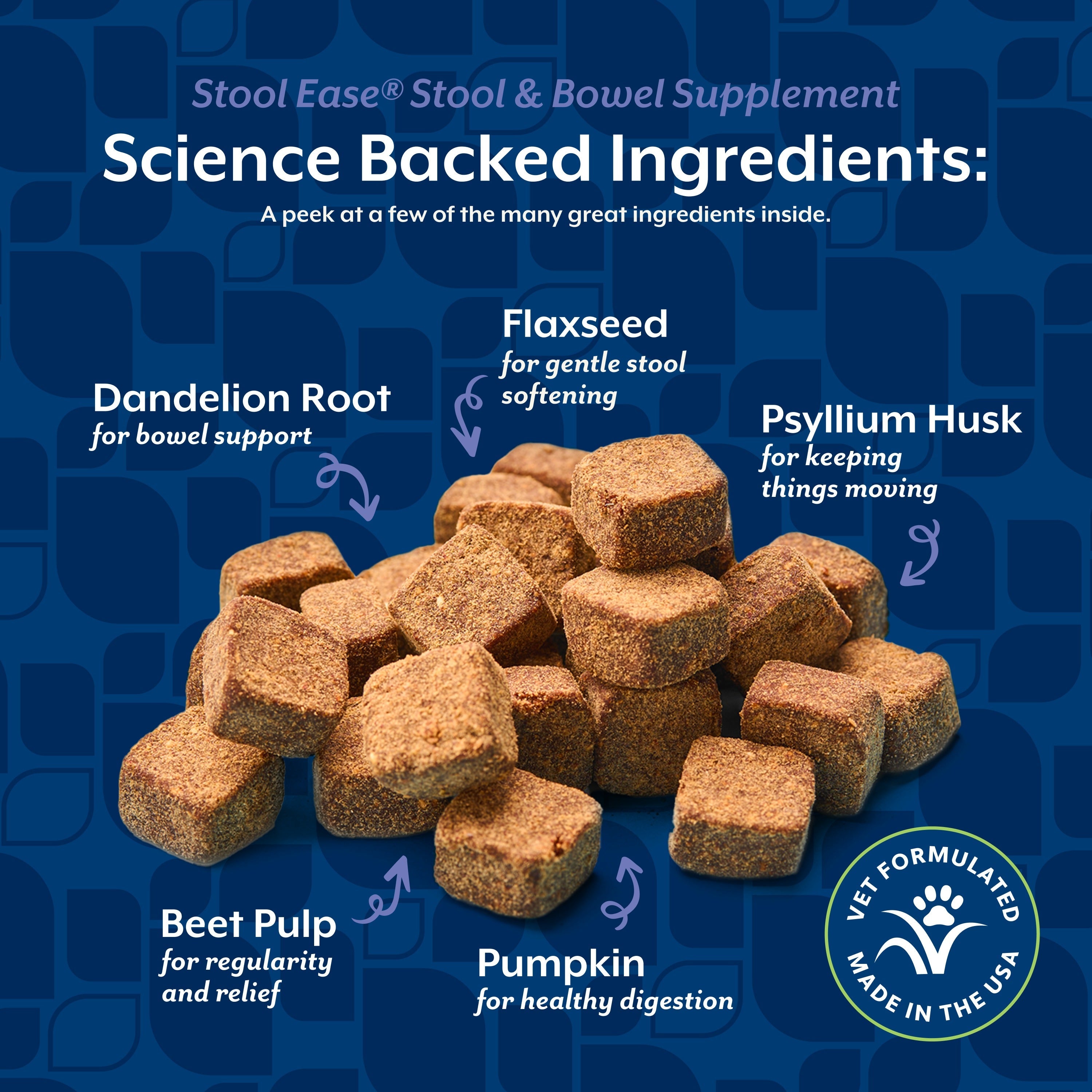 NaturVet Stool Ease Soft Chews for dogs — science-backed ingredients including flaxseed, psyllium husk, dandelion root, beet pulp, and pumpkin