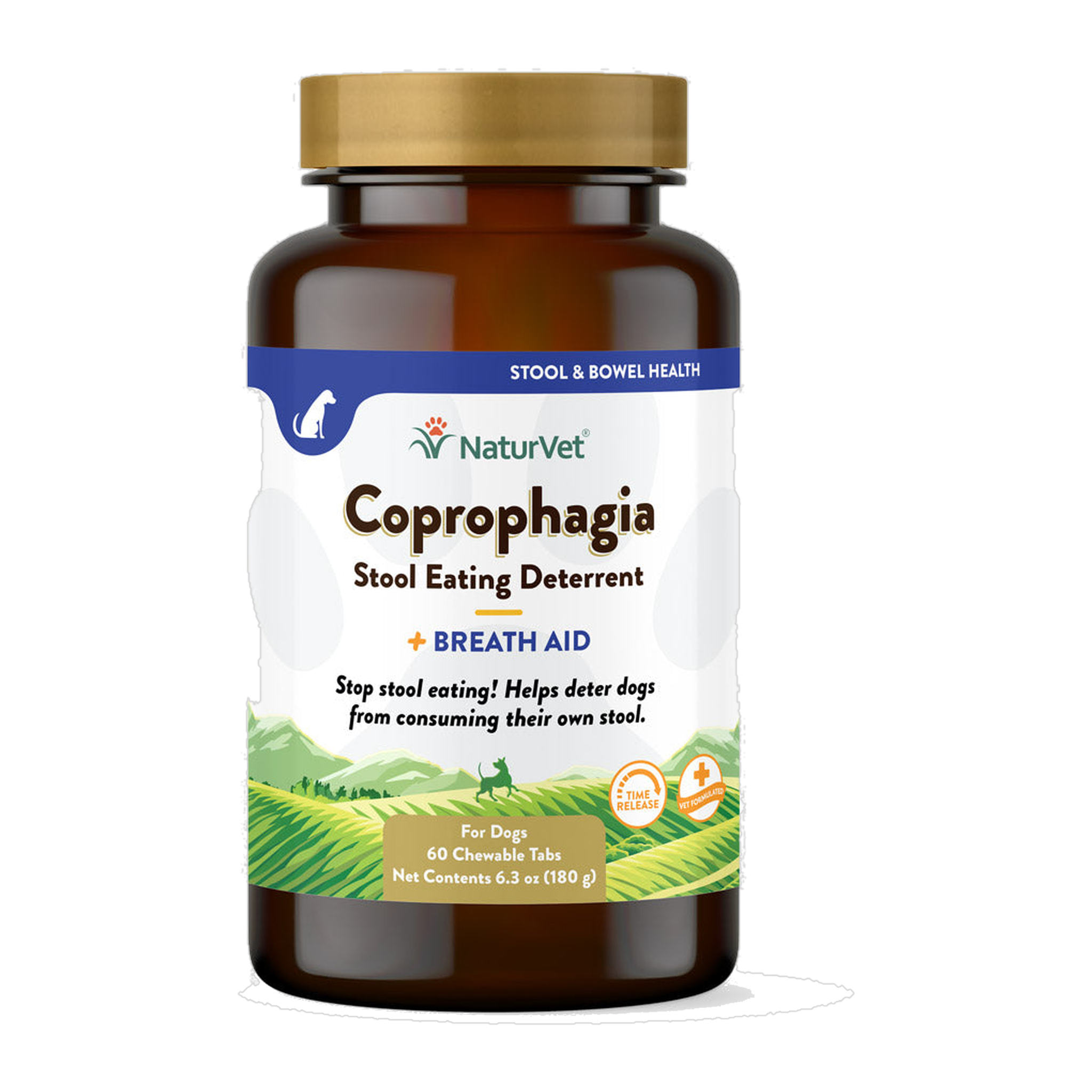60 count bottle of NaturVet Coprophagia Stool Eating Deterrent Chewable Tablets with breath aid for dogs #60 ct