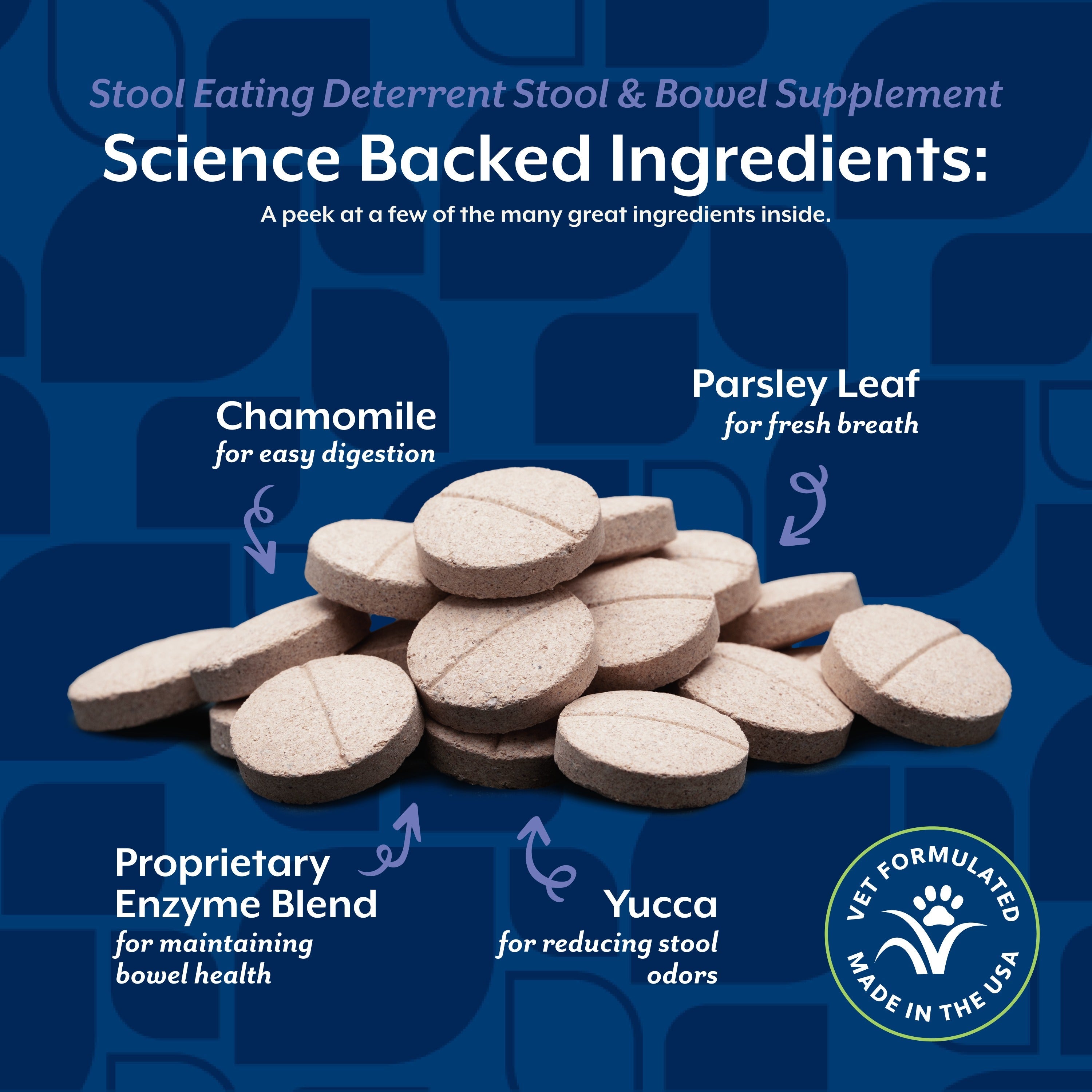 NaturVet Coprophagia Stool Eating Deterrent Chewable Tablets for dogs — science-backed ingredients including yucca, parsley leaf, chamomile, and a proprietary enzyme blend