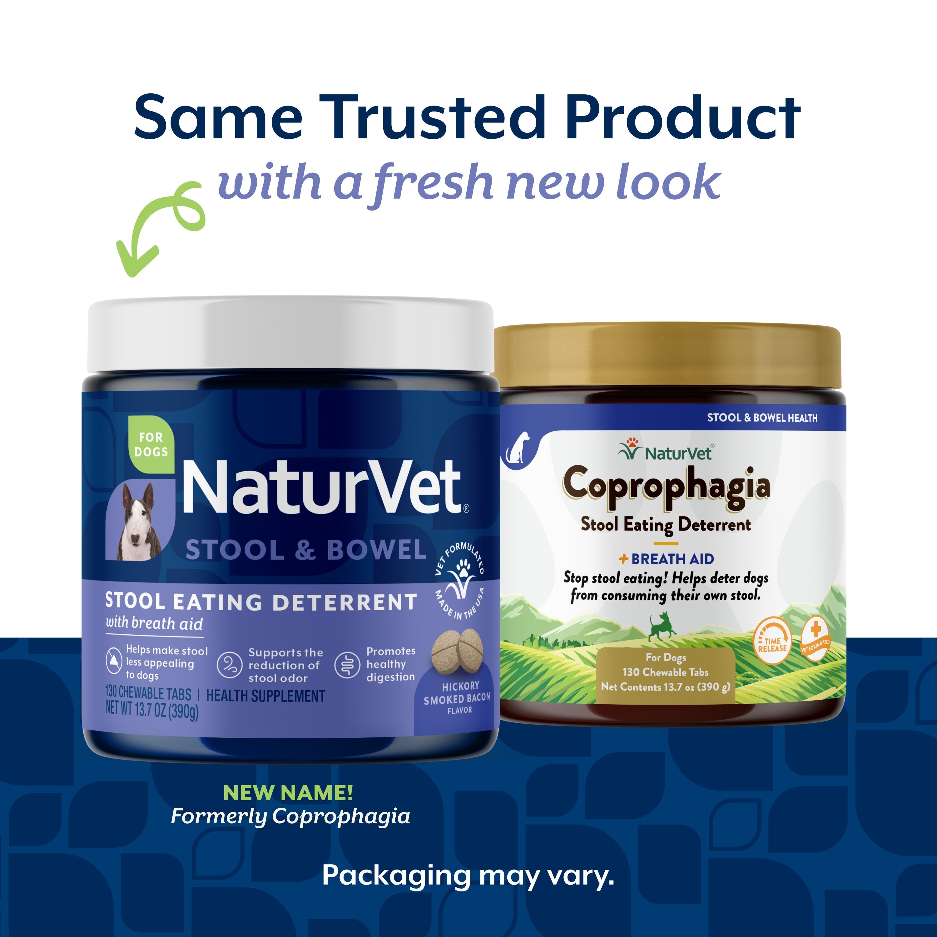 NaturVet Coprophagia Stool Eating Deterrent Chewable Tablets for dogs — renamed Stool Eating Deterrent, the same trusted formula in a fresh new label