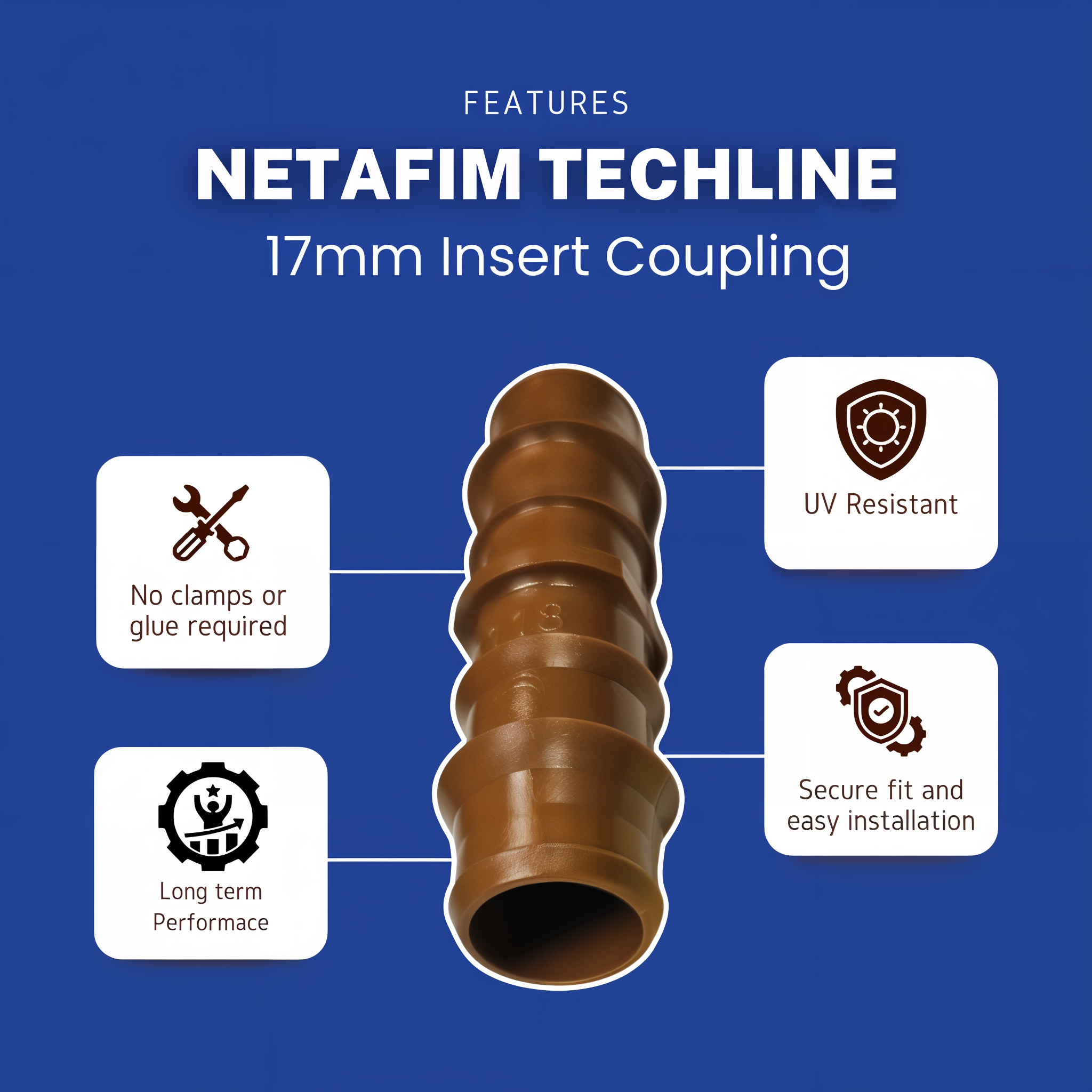 Netafim Techline 17mm insert coupling features infographic — no clamps required, UV resistant, secure fit, long term performance