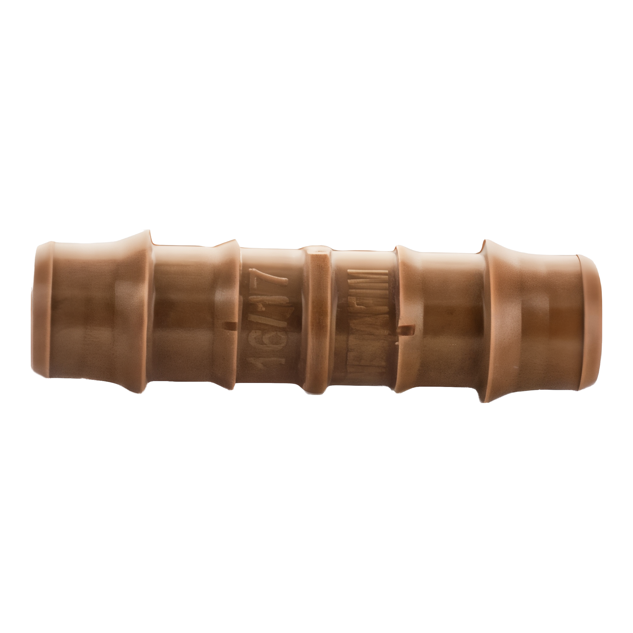 Netafim Techline TLCOUP 17mm insert coupling barbed fitting horizontal view showing Netafim molded mark