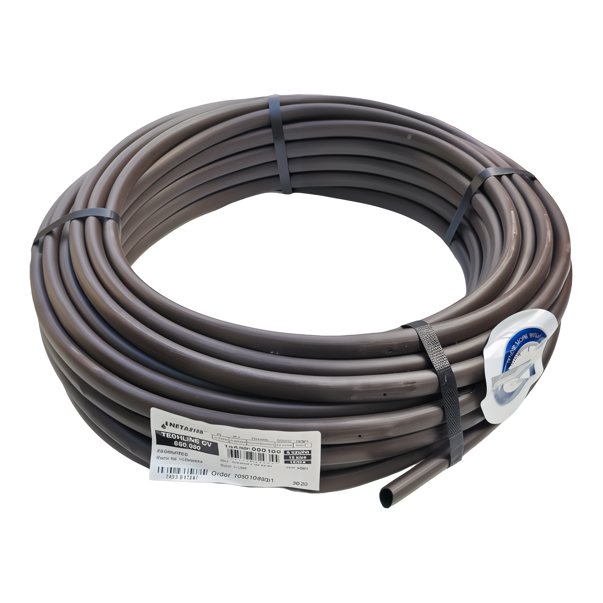 Netafim Techline CV 17mm dripline coiled roll with 100 foot length badge and product label