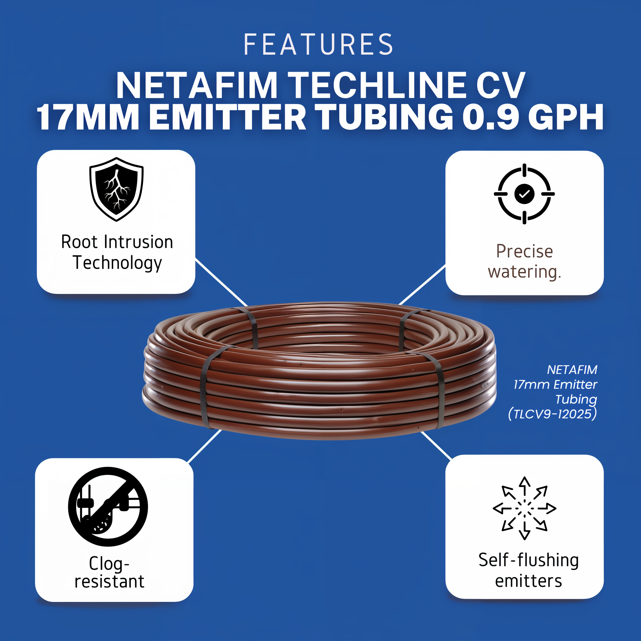 Netafim Techline CV 17mm 0.92 GPH features infographic — root intrusion technology, precise watering, clog-resistant, self-flushing emitters