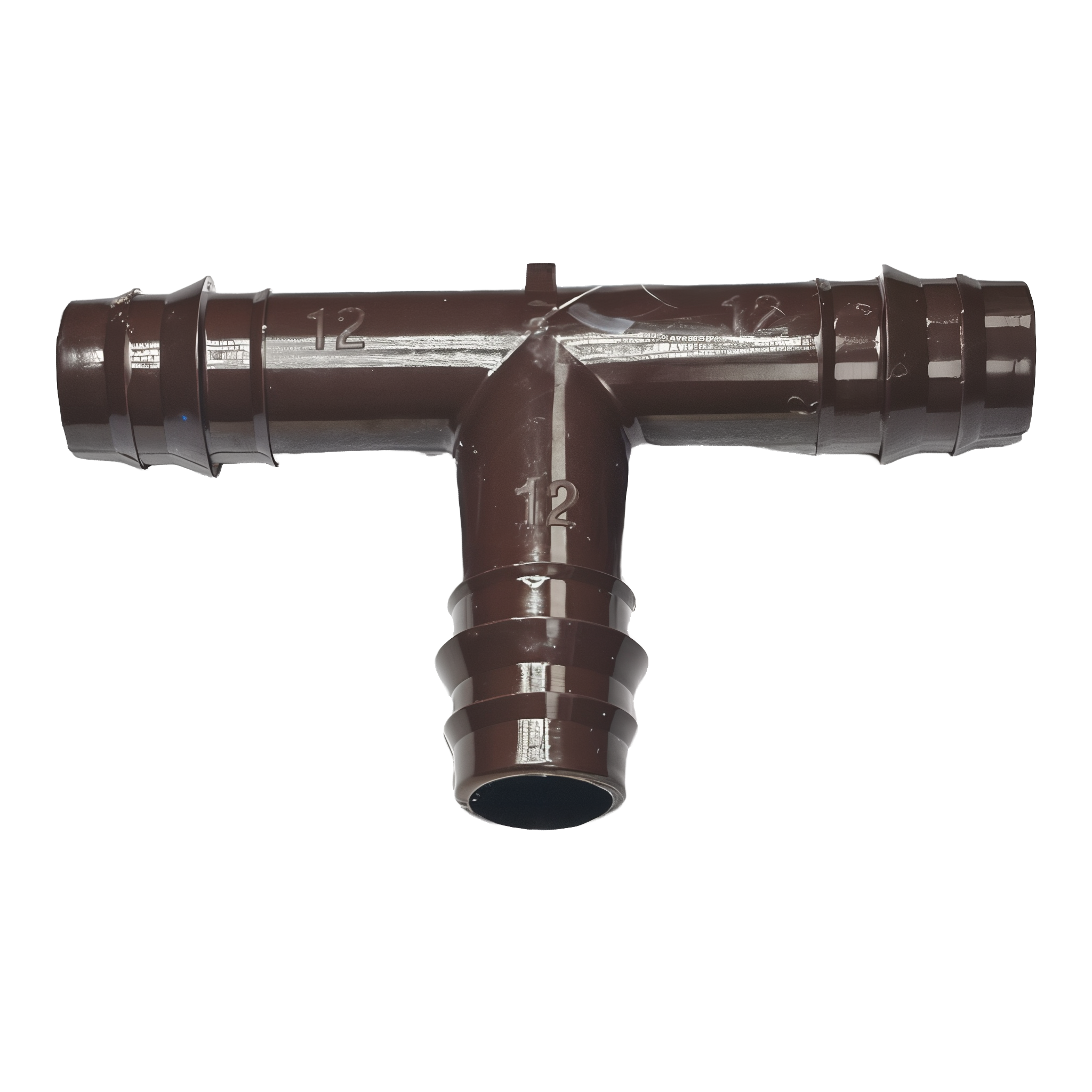 Netafim Techline EZ 12mm T12TEE insert tee three-way barbed fitting front view on transparent background
