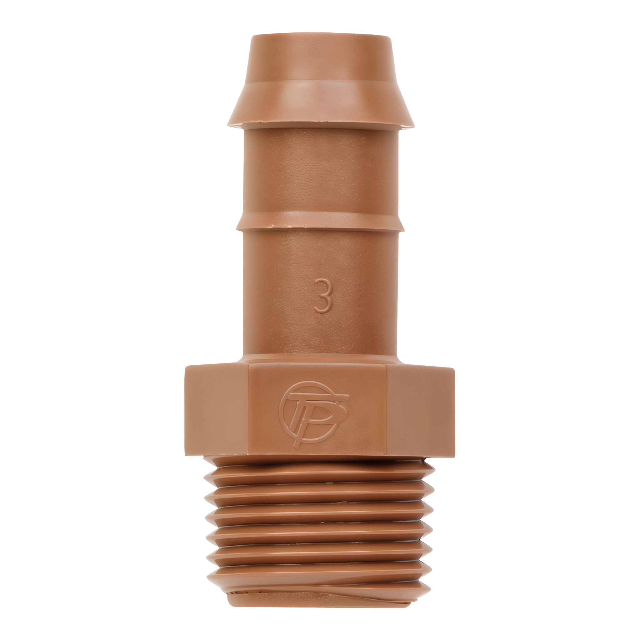 Netafim Techline TL050MA 17mm to 1/2 inch male NPT adapter front view showing barb and threads on transparent background