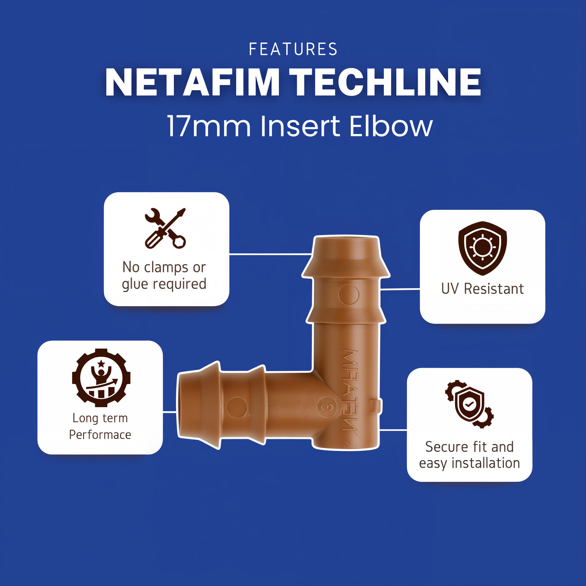 Netafim Techline 17mm insert elbow features infographic — no clamps or glue required, UV resistant, secure fit, long term performance