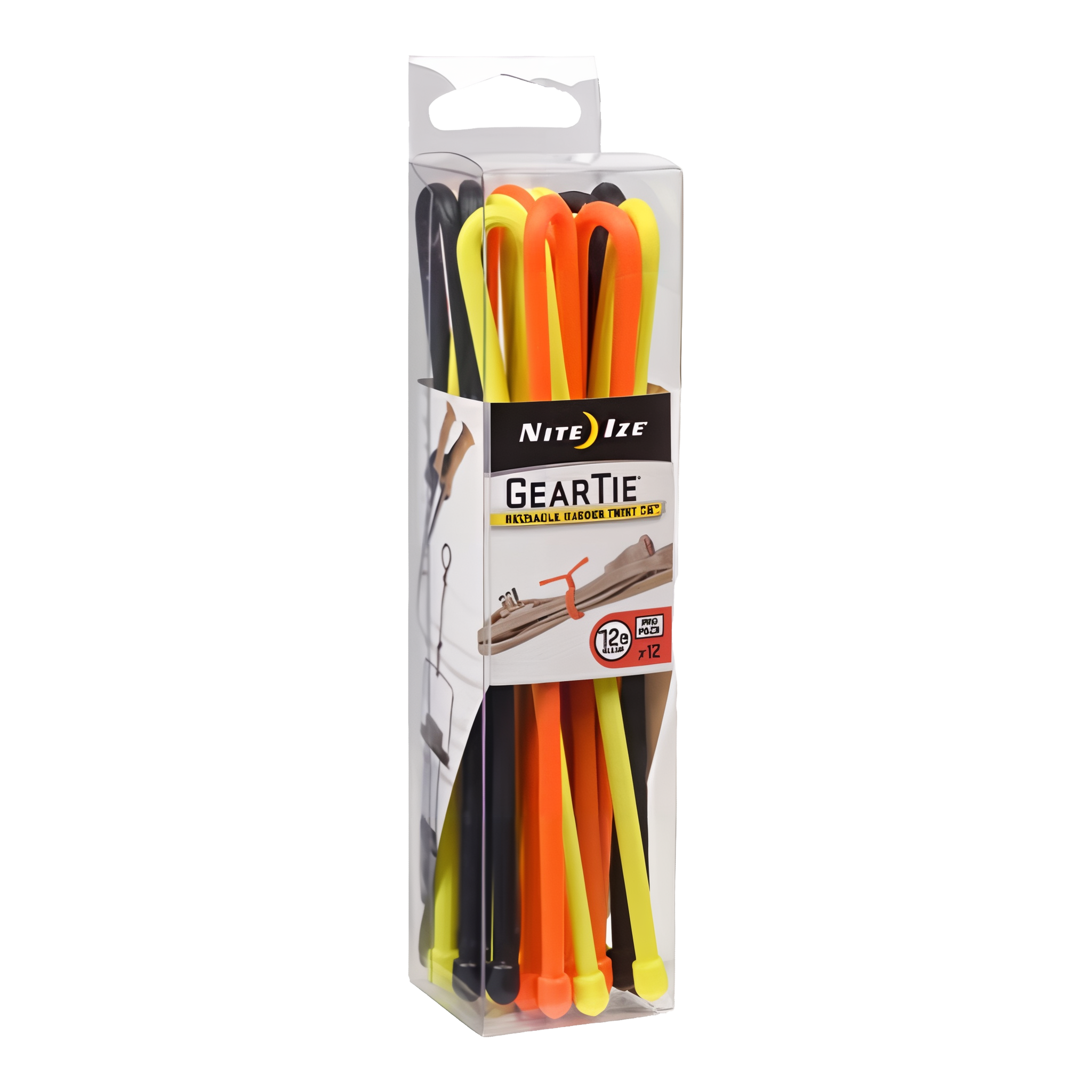 Nite Ize Gear Tie ProPack 12 inch 12-pack, clear retail box of assorted-color reusable rubber twist ties with bendable wire core