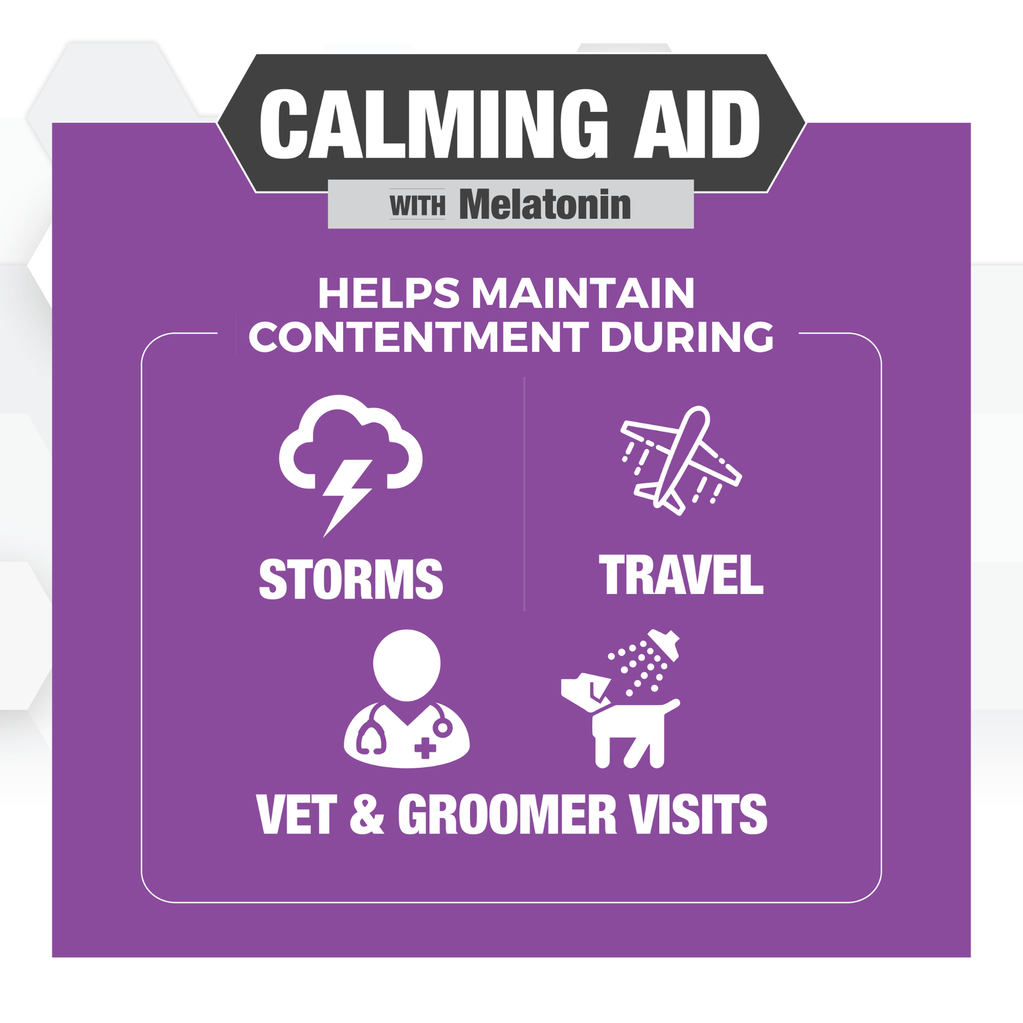 Helps maintain contentment during storms, travel, and vet and groomer visits