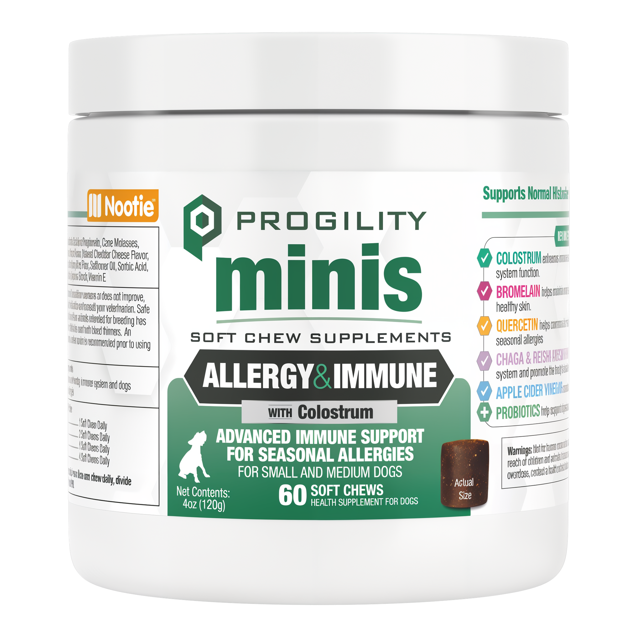 Nootie Progility Minis Allergy and Immune soft chew supplements for small and medium dogs, 60 count jar
