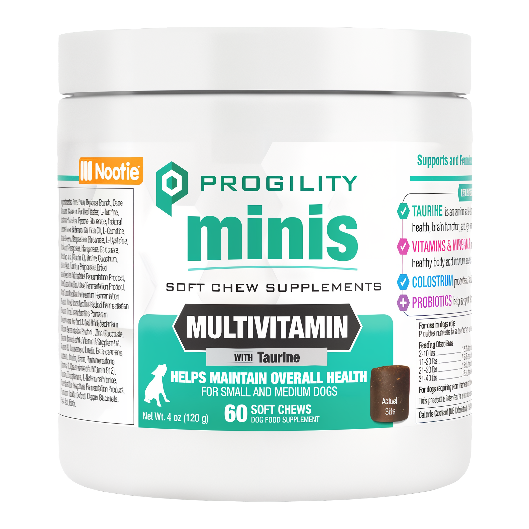 Nootie Progility Minis Multivitamin soft chew supplements with taurine for small and medium dogs, 60 count jar