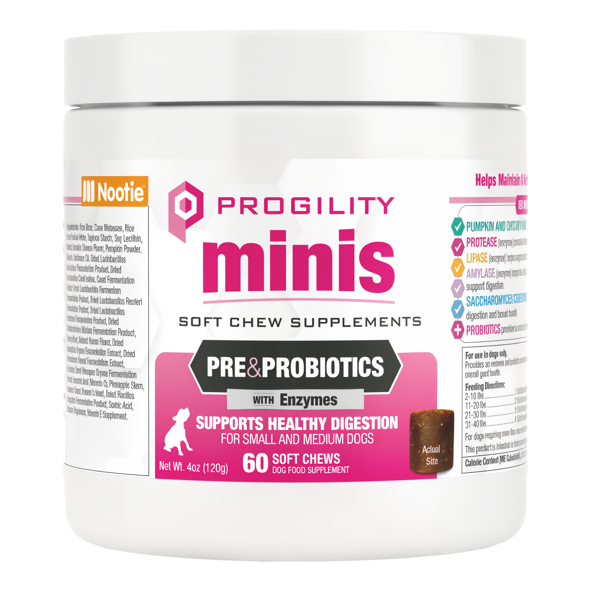 Nootie Progility Minis Pre and Probiotics soft chew supplements with enzymes for small and medium dogs, 60 count jar