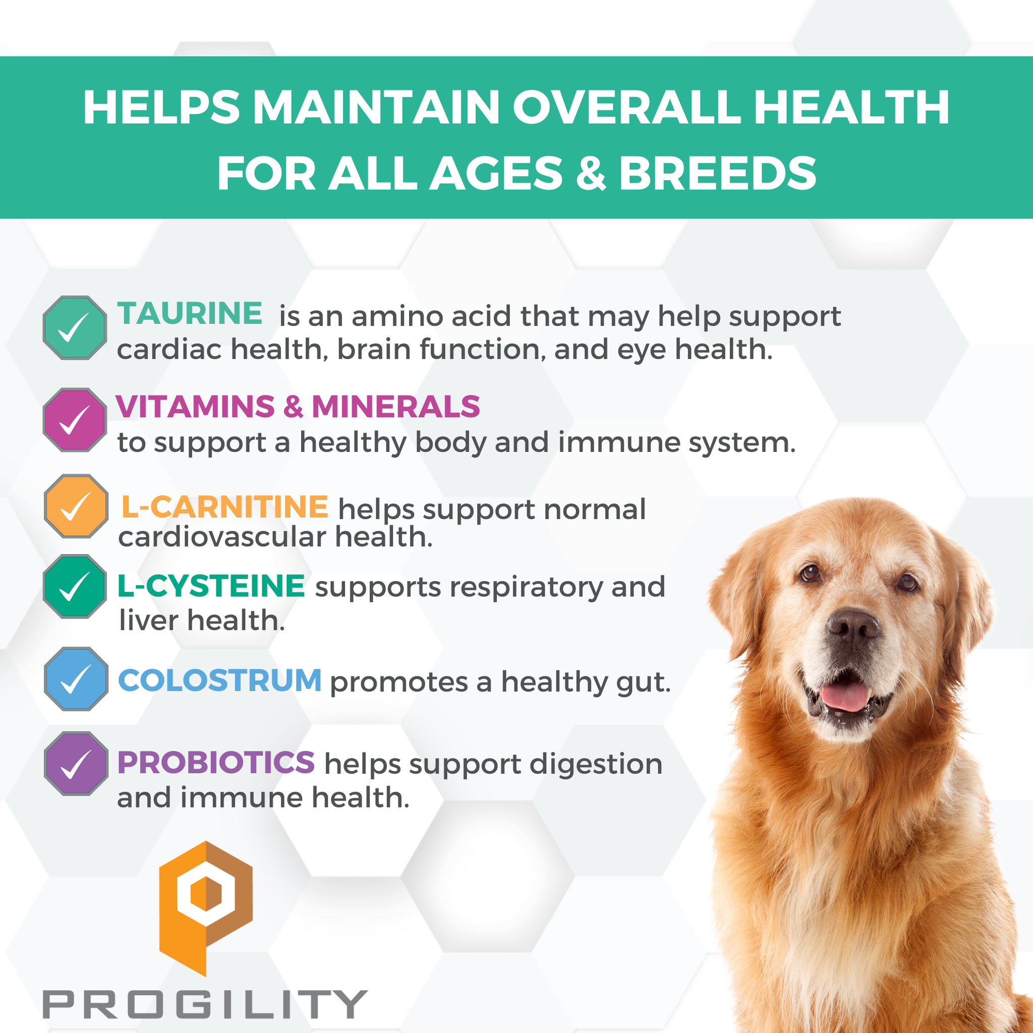 Taurine, vitamins and minerals, L-carnitine, L-cysteine, colostrum and probiotics support overall health