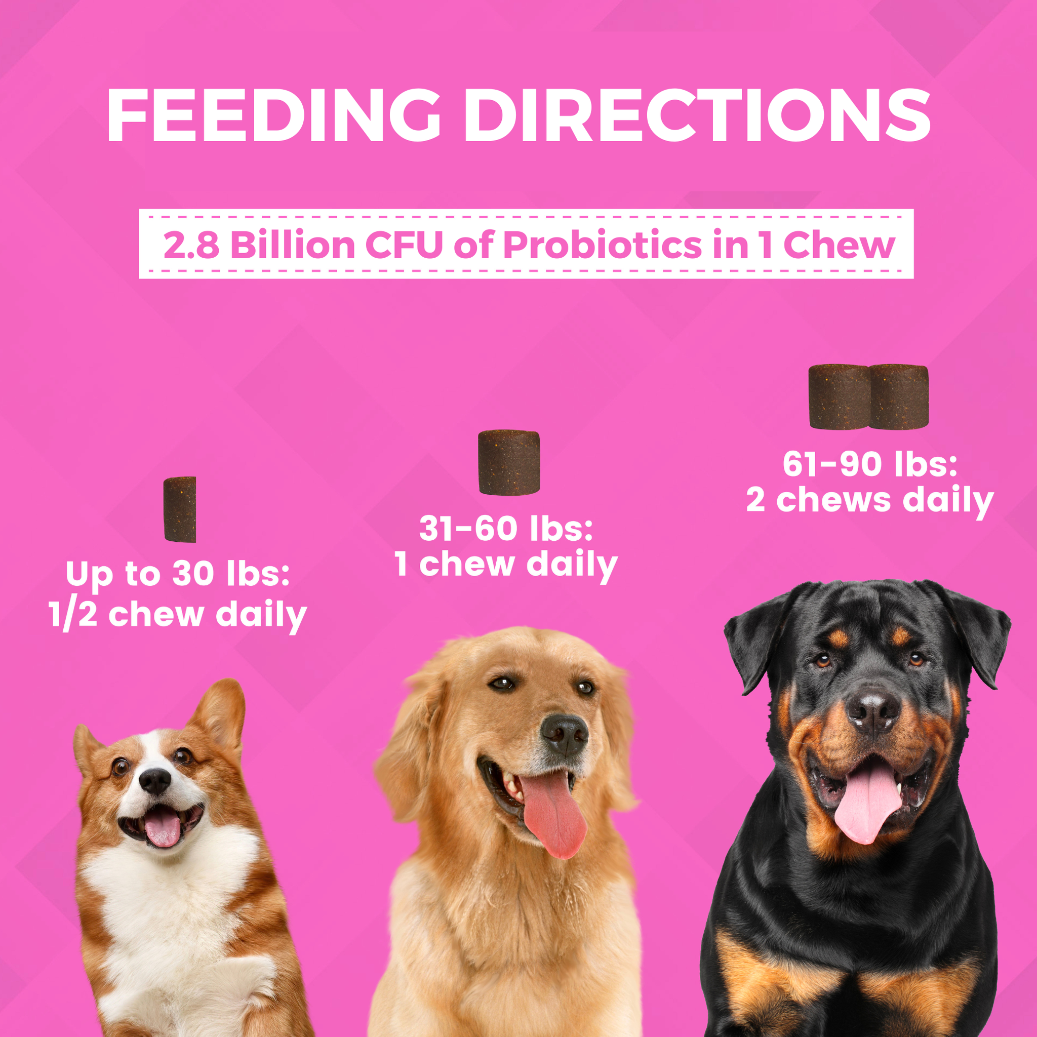 Feeding directions with 2.8 billion CFU of probiotics in one chew