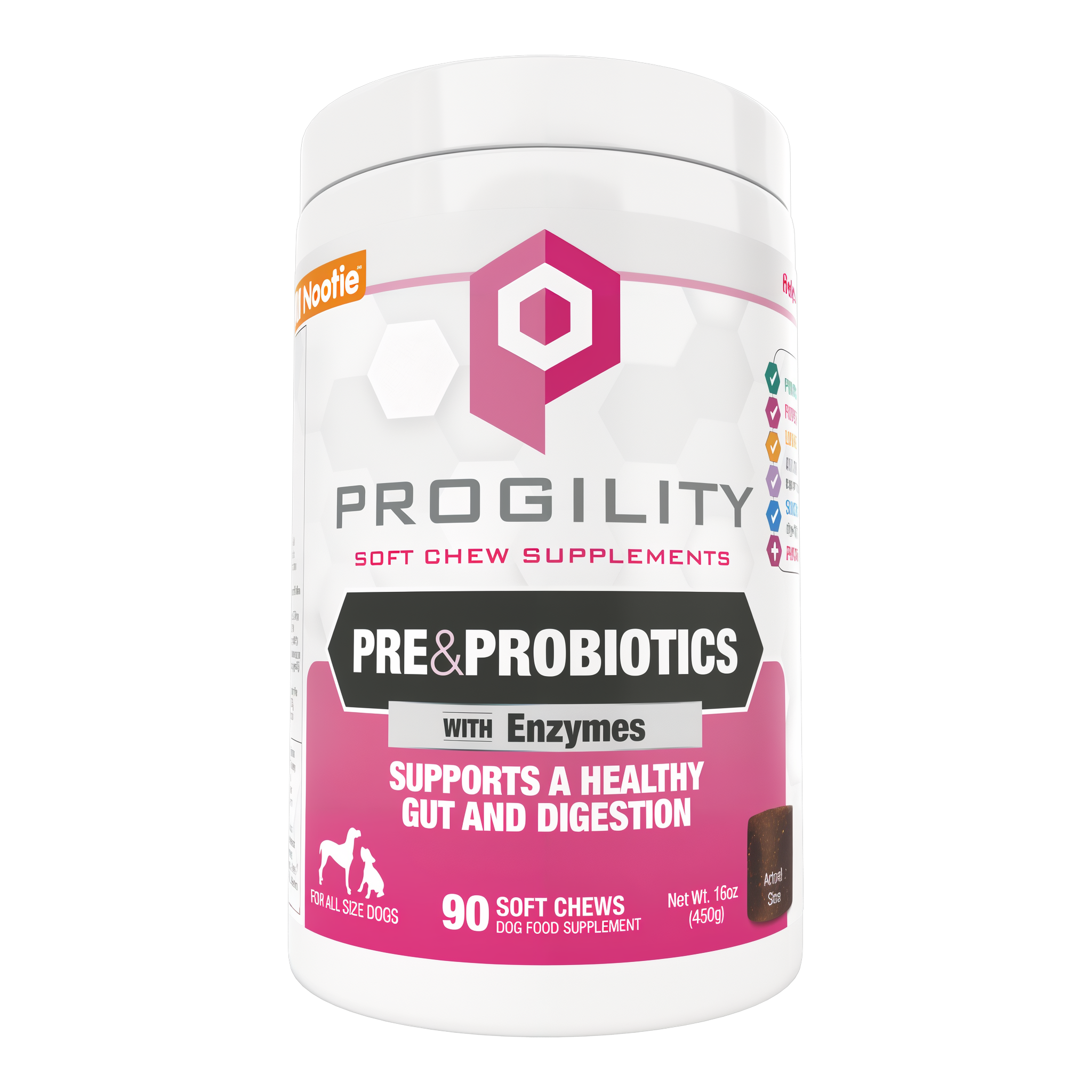 Nootie Progility Pre and Probiotics soft chew supplements with enzymes, 90 count jar