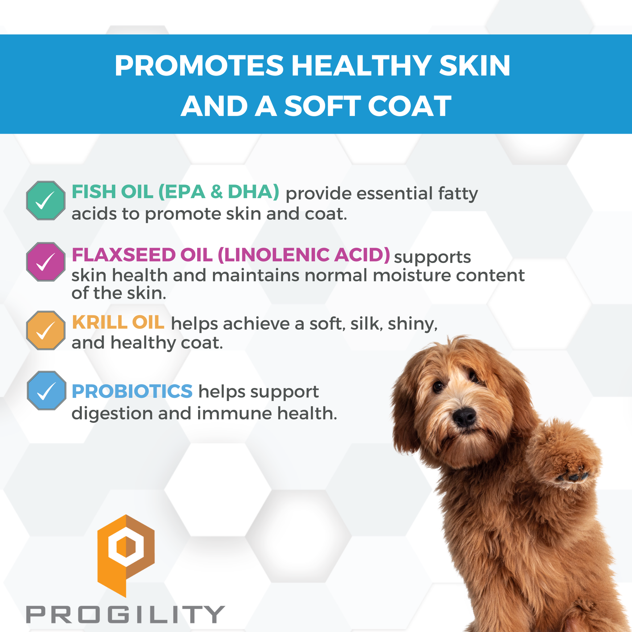 Fish oil, flaxseed oil, krill oil and probiotics promote healthy skin and a soft coat