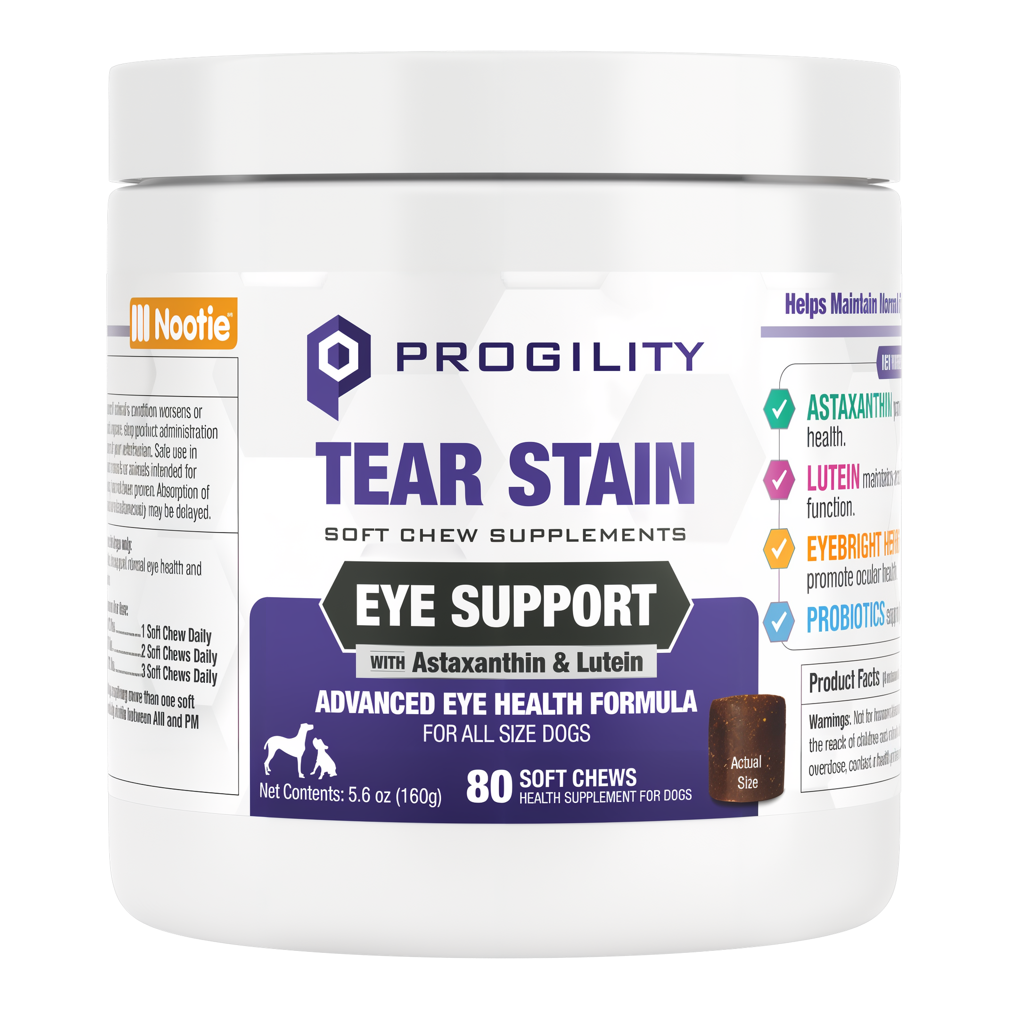 Nootie Progility Tear Stain Eye Support soft chew supplements with astaxanthin and lutein, 80 count jar