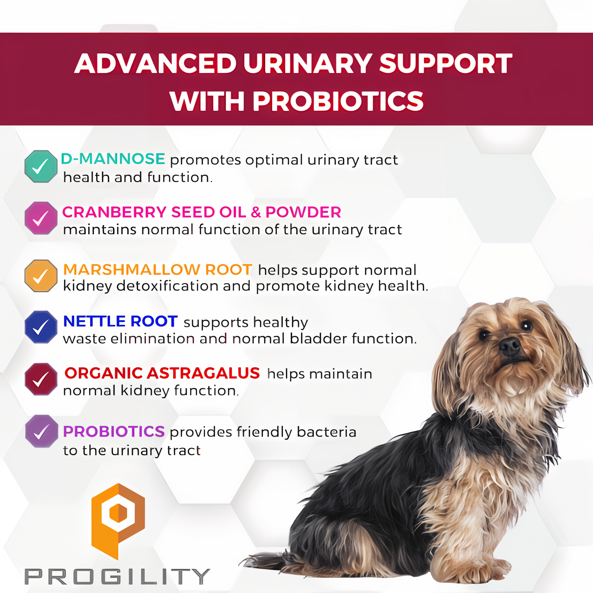 D-Mannose, cranberry, marshmallow root, nettle root and astragalus support urinary and bladder health