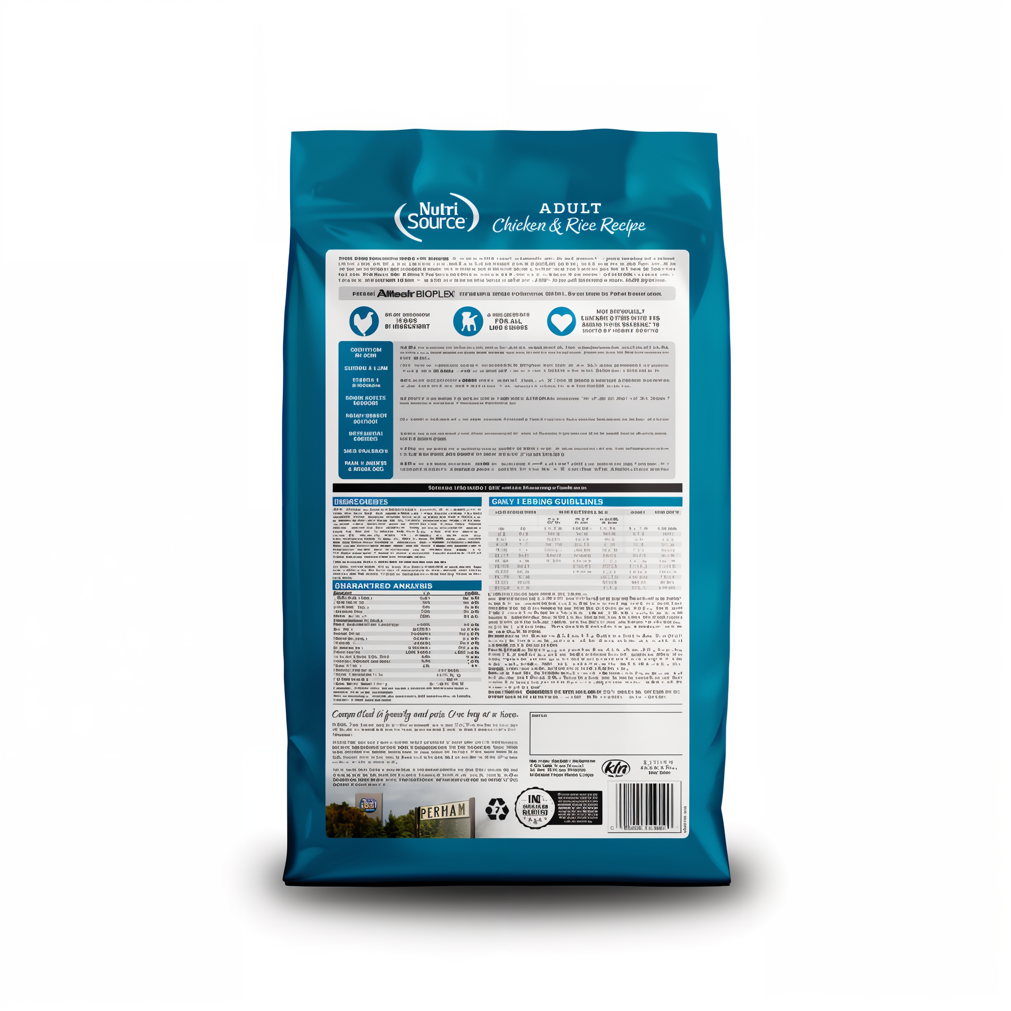 Back of the Adult Chicken & Rice Recipe bag with feeding directions and label information