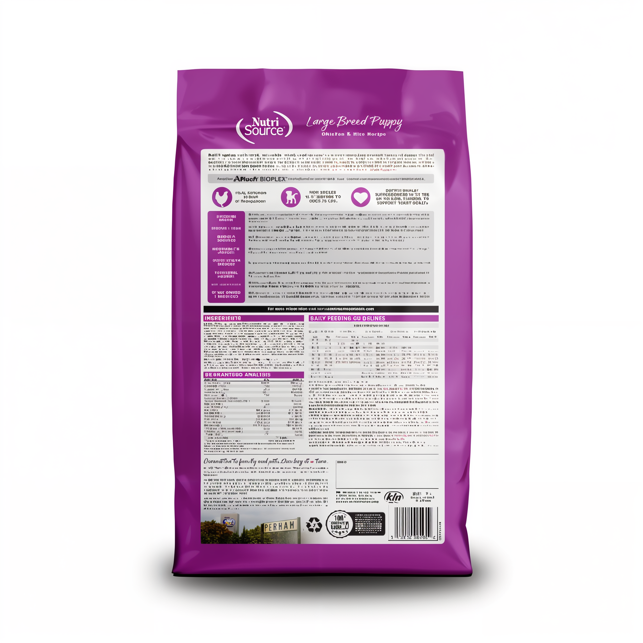 Back of the Large Breed Puppy Chicken & Rice Recipe bag with feeding directions and label information