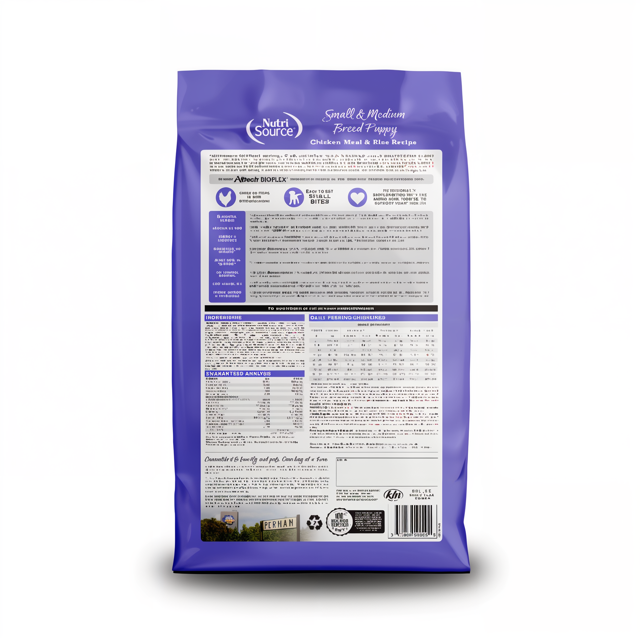 Back of the Small & Medium Breed Puppy Chicken Meal & Rice Recipe bag with feeding directions and label information
