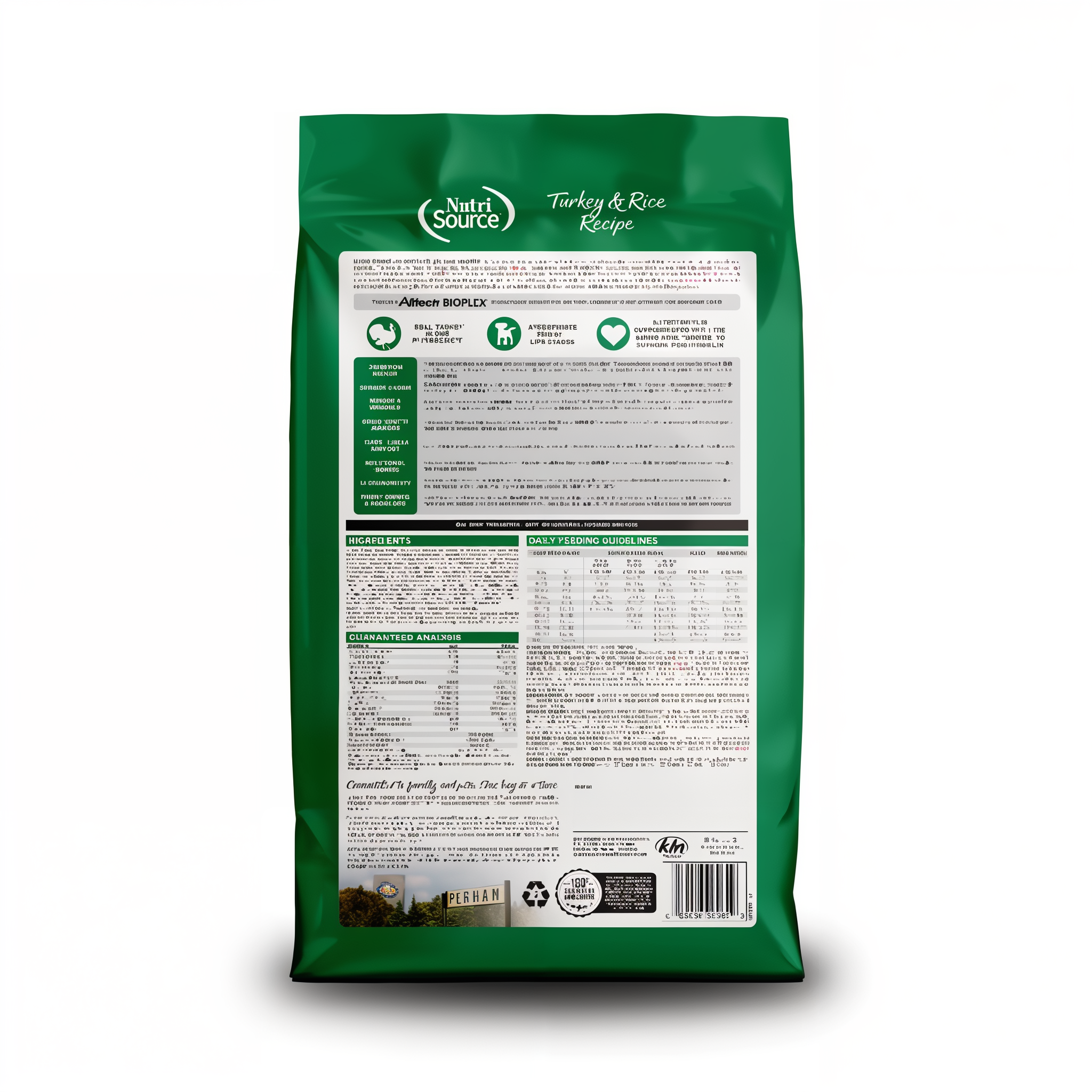 Back of the Turkey & Rice Recipe bag with feeding directions and label information