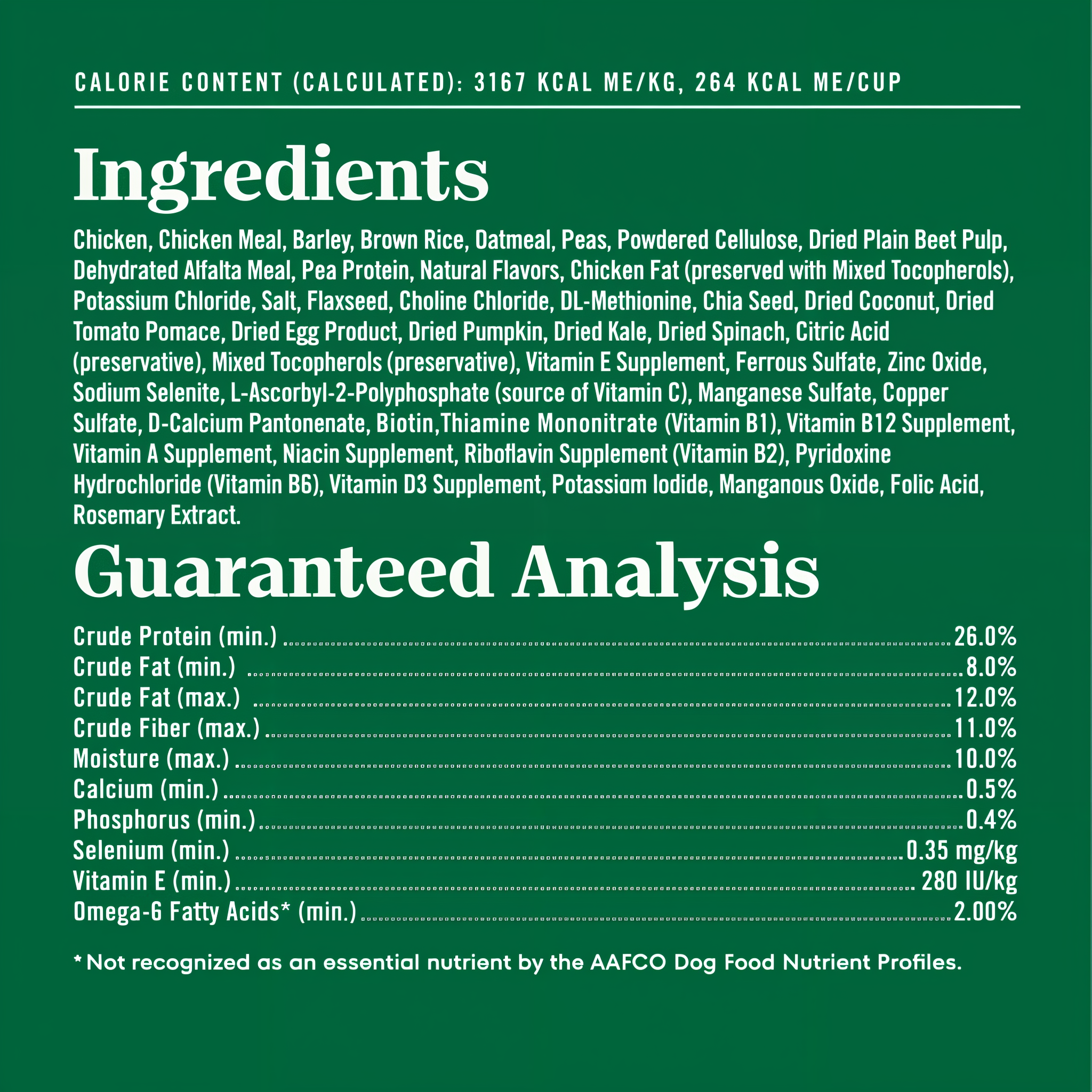 Full ingredients list, guaranteed analysis, and calorie content