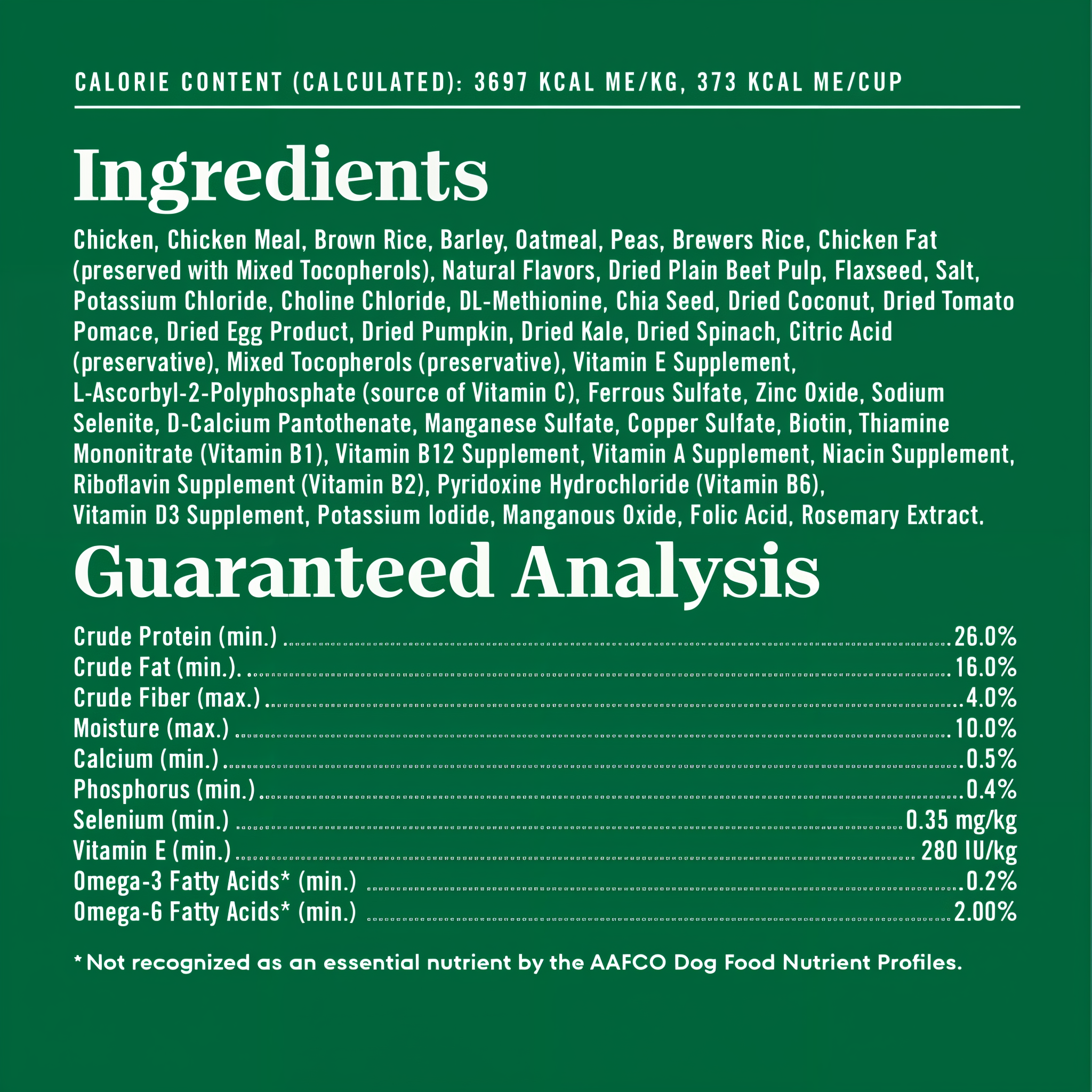 Full ingredients list, guaranteed analysis, and calorie content