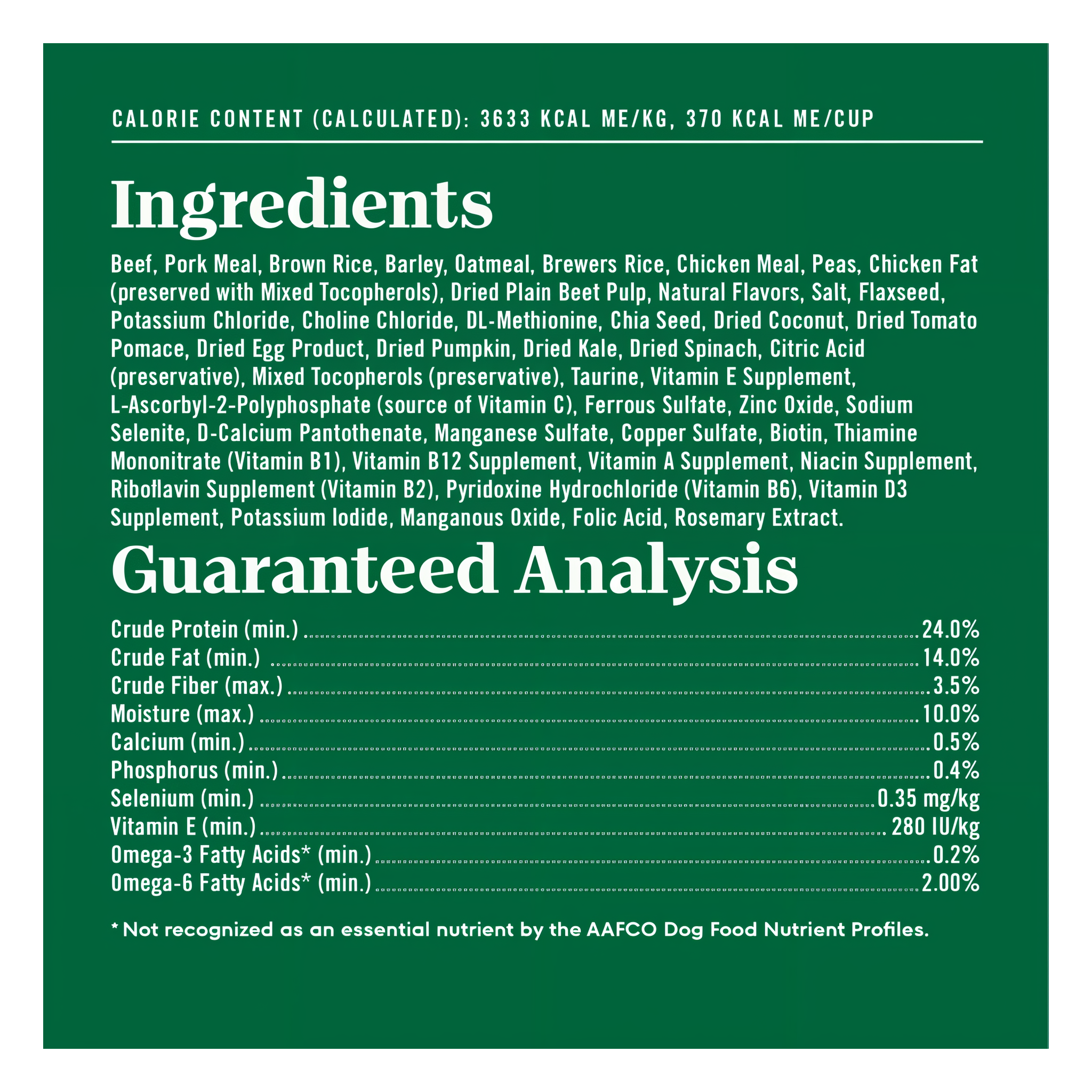 Full ingredients list, guaranteed analysis, and calorie content