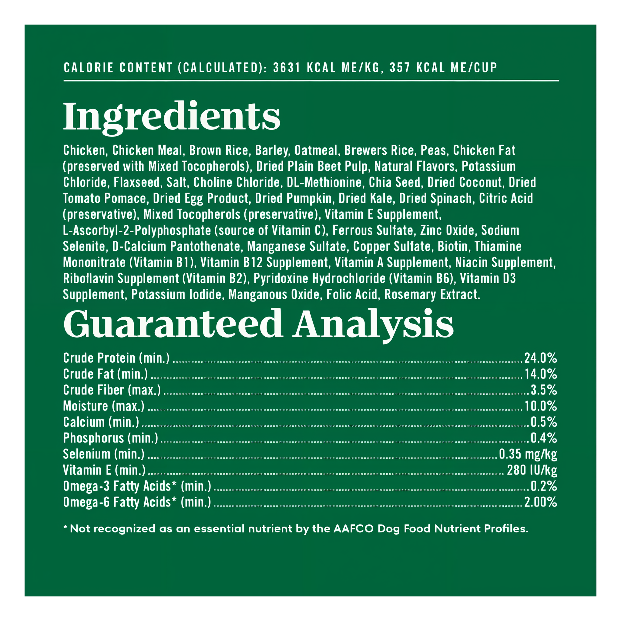 Full ingredients list, guaranteed analysis, and calorie content