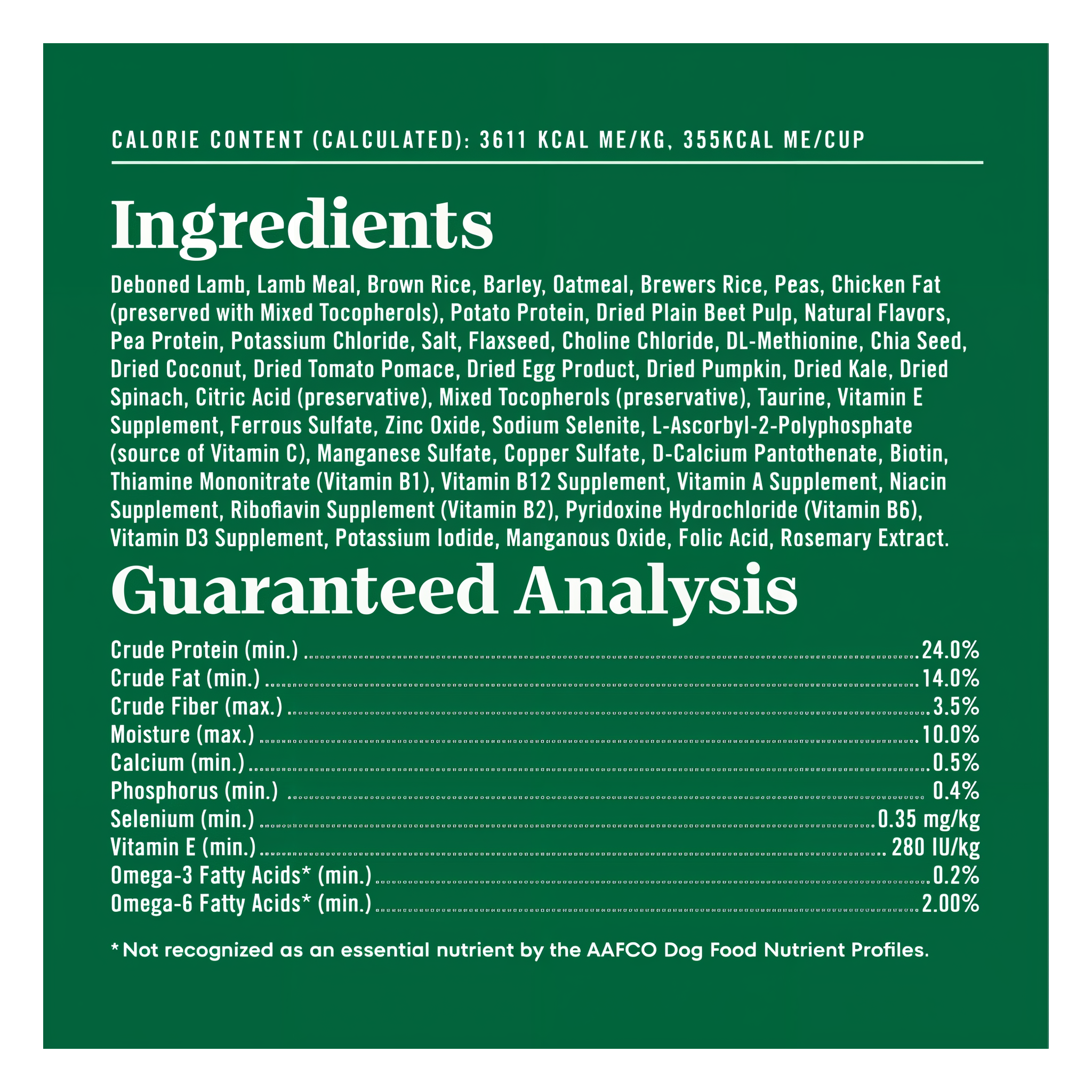 Full ingredients list, guaranteed analysis, and calorie content