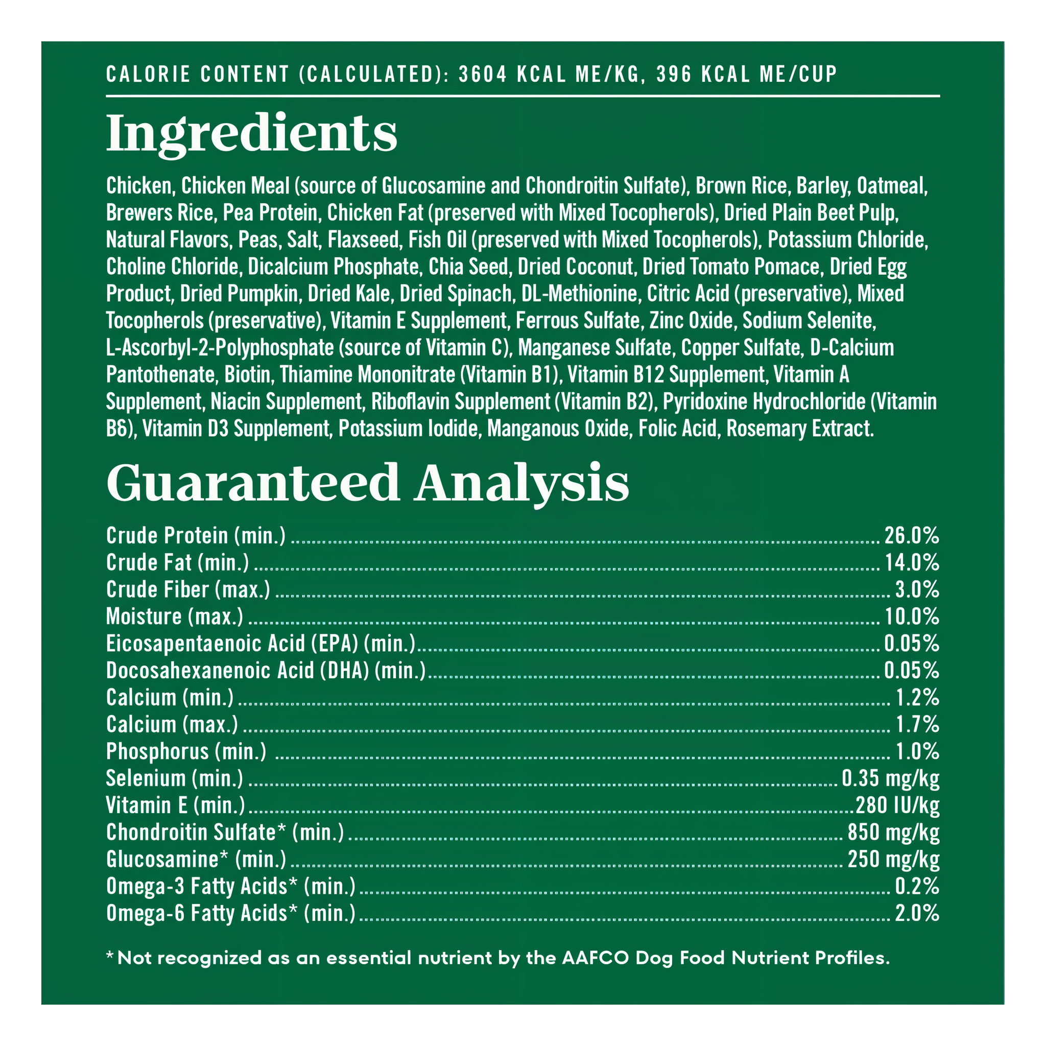 Full ingredients list, guaranteed analysis, and calorie content