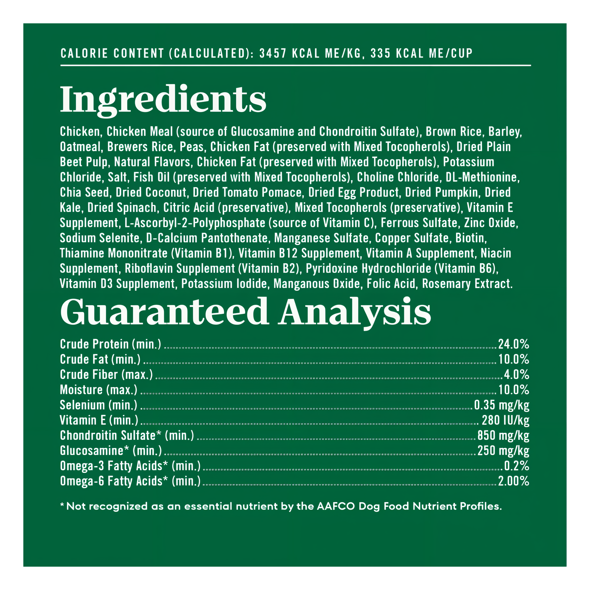 Full ingredients list, guaranteed analysis, and calorie content