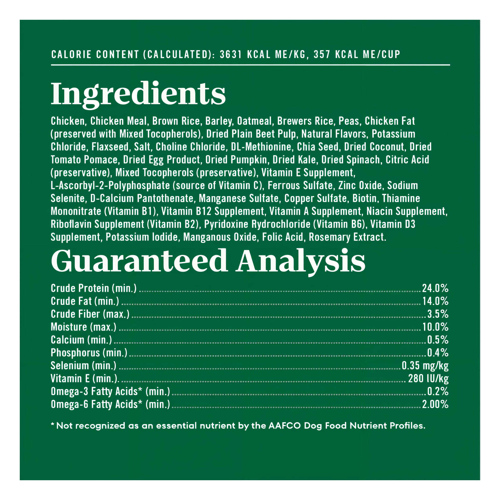 Full ingredients list, guaranteed analysis, and calorie content