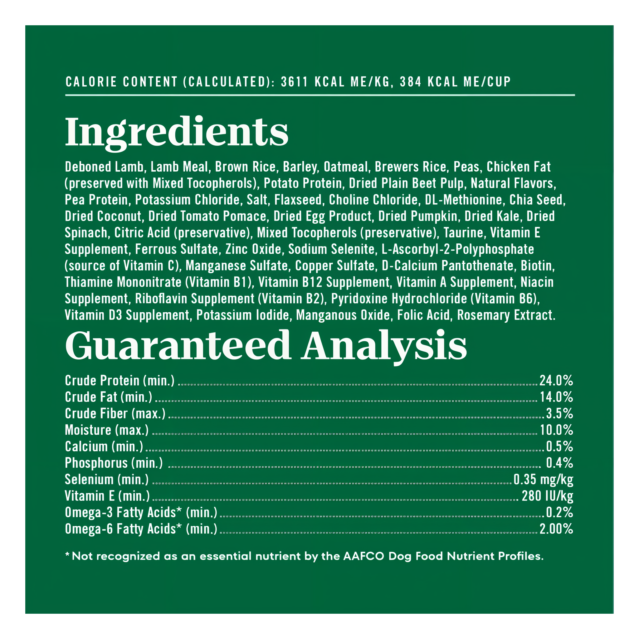 Full ingredients list, guaranteed analysis, and calorie content