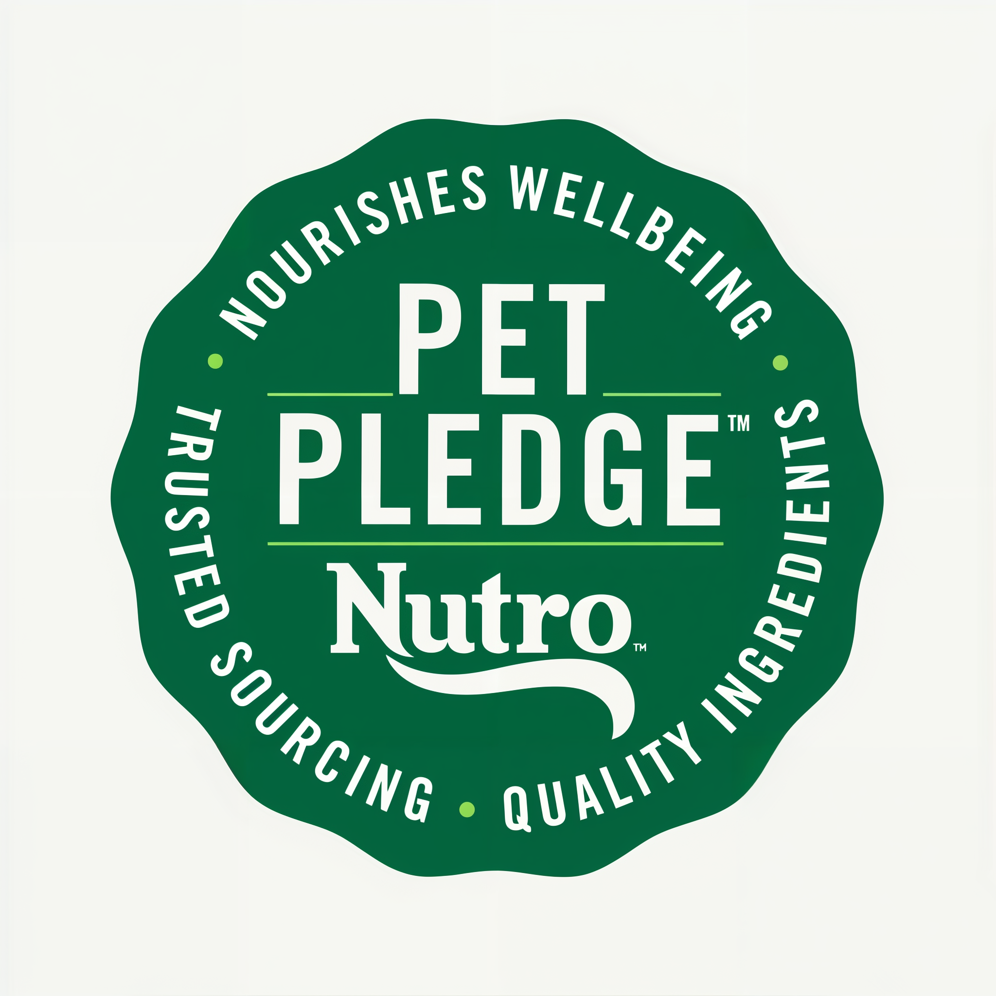 Nutro Pet Pledge badge: nourishes wellbeing, trusted sourcing, quality ingredients