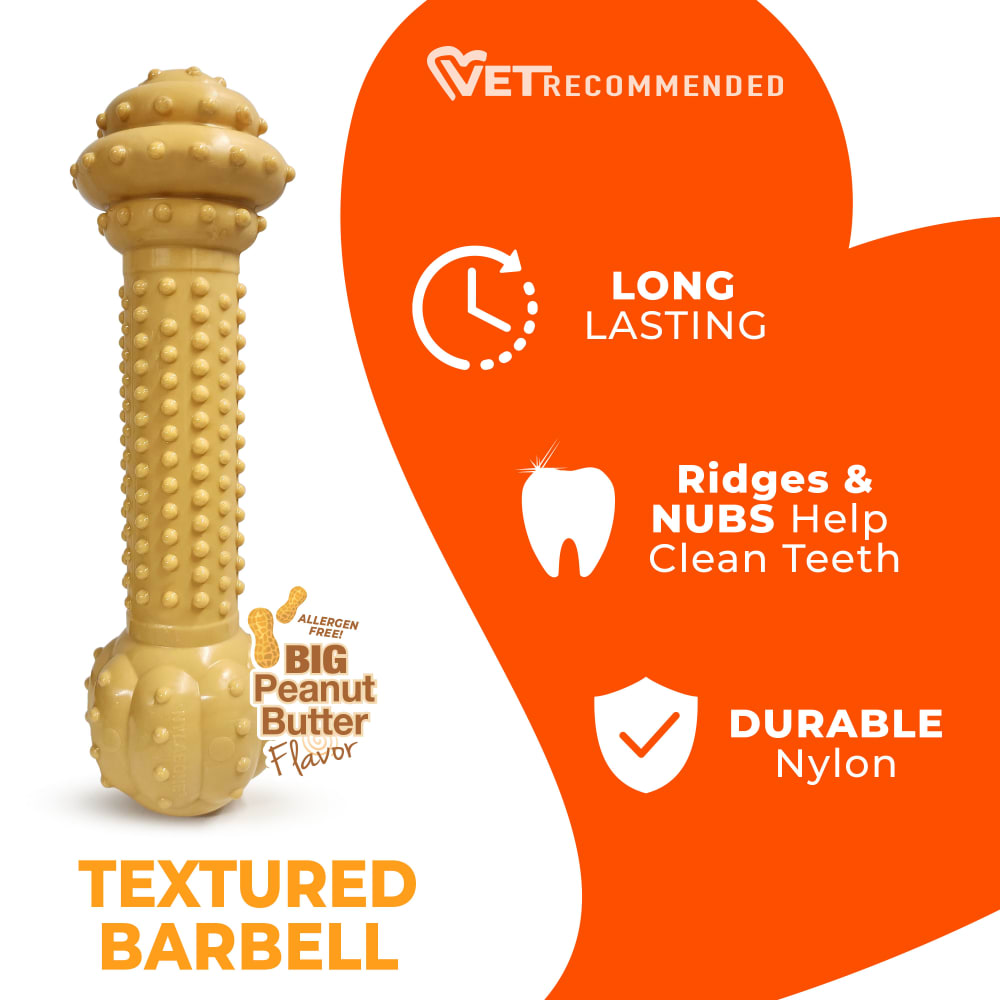 Barbell Power Chew features: peanut butter flavor, vet recommended, durable nylon