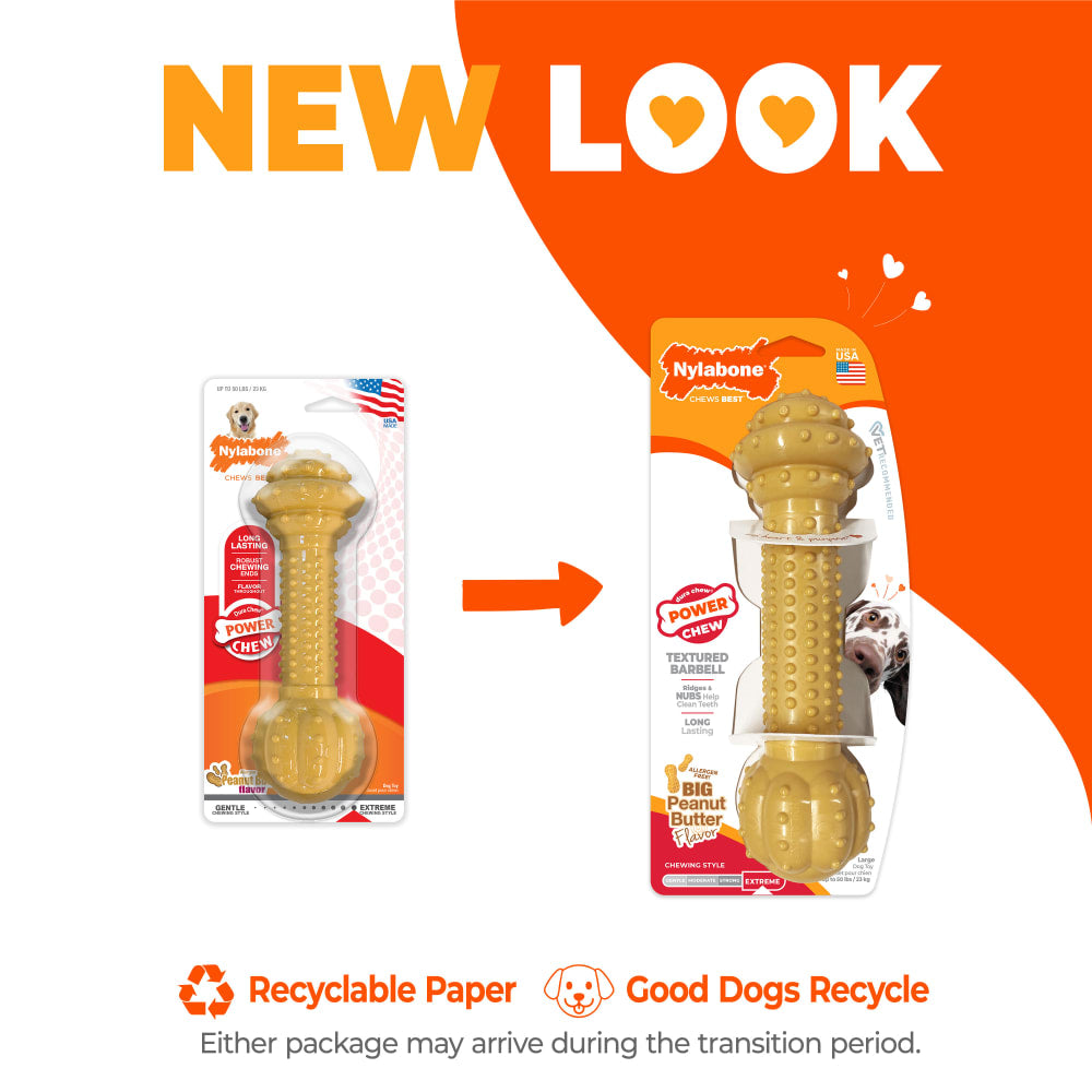 Nylabone Barbell Power Chew Large packaging comparison, either package may arrive during the transition