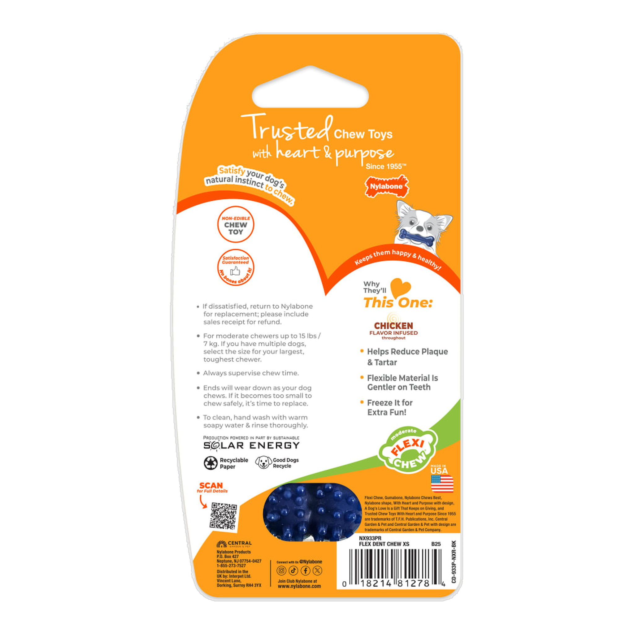 Nylabone Flexi Chew Gumabone Textured Dental Bone Chicken X-Small package back with care and safety information