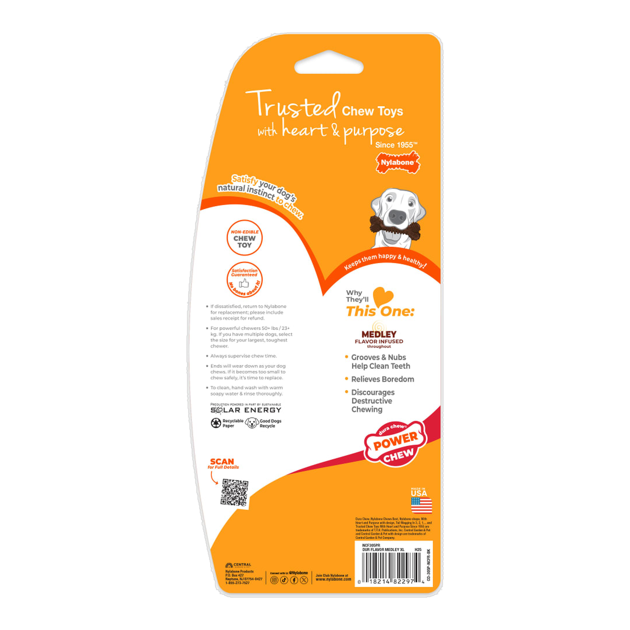Nylabone Power Chew Groove Bone Flavor Medley X-Large package back with care and safety information