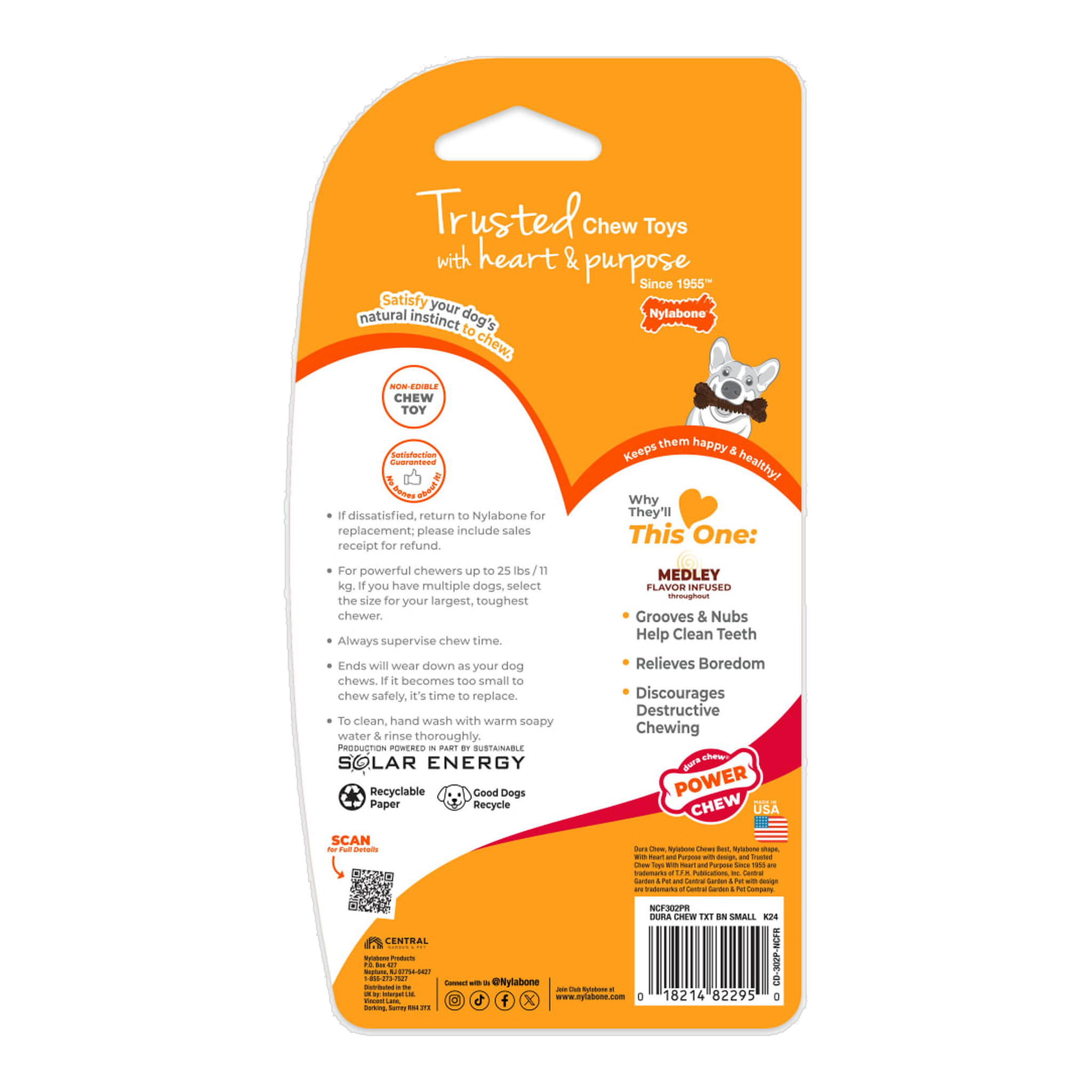 Nylabone Power Chew Groove Bone Flavor Medley Small package back with care and safety information