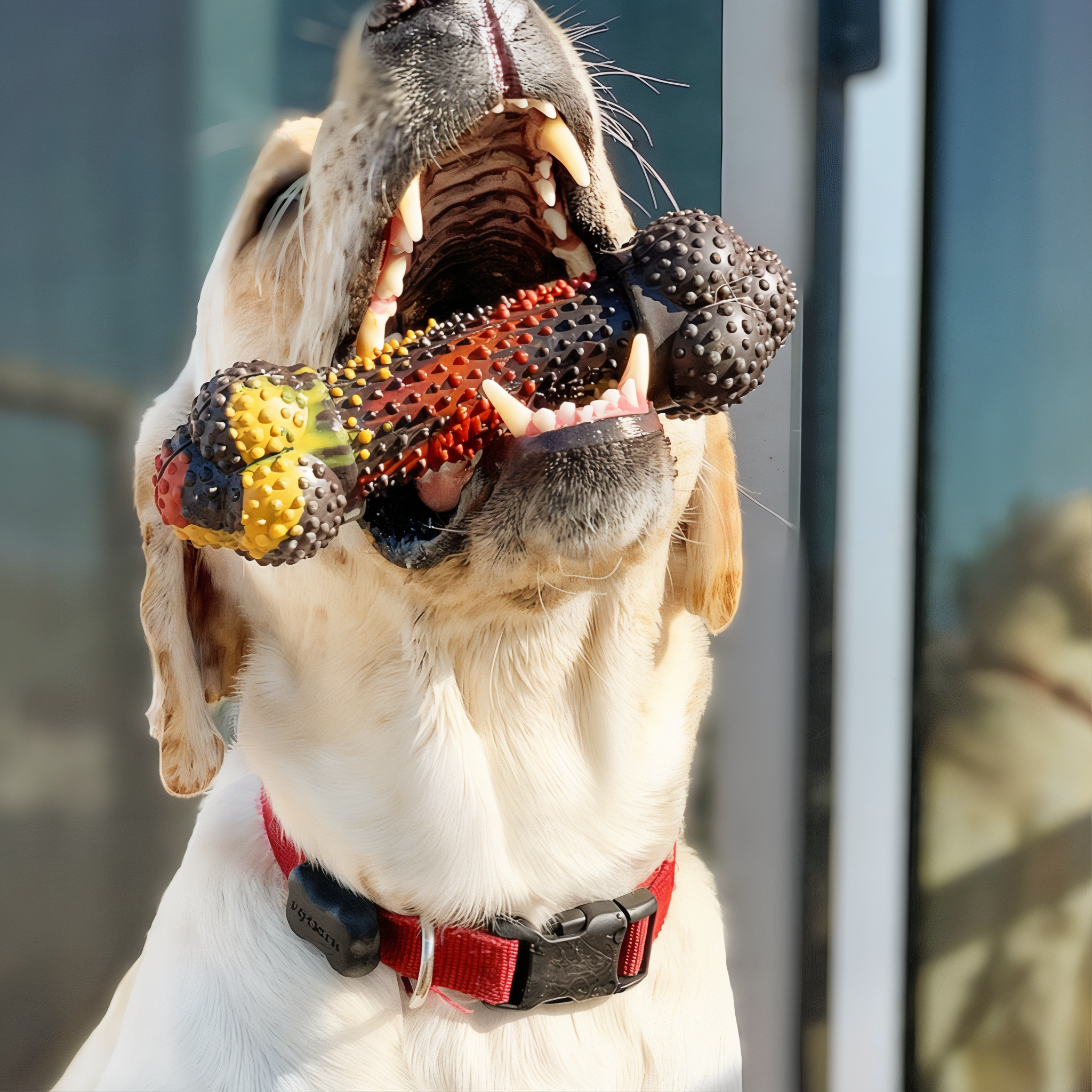 Dog chewing the Nylabone Strong Chew Double Action Bone Bacon Cheeseburger Medium