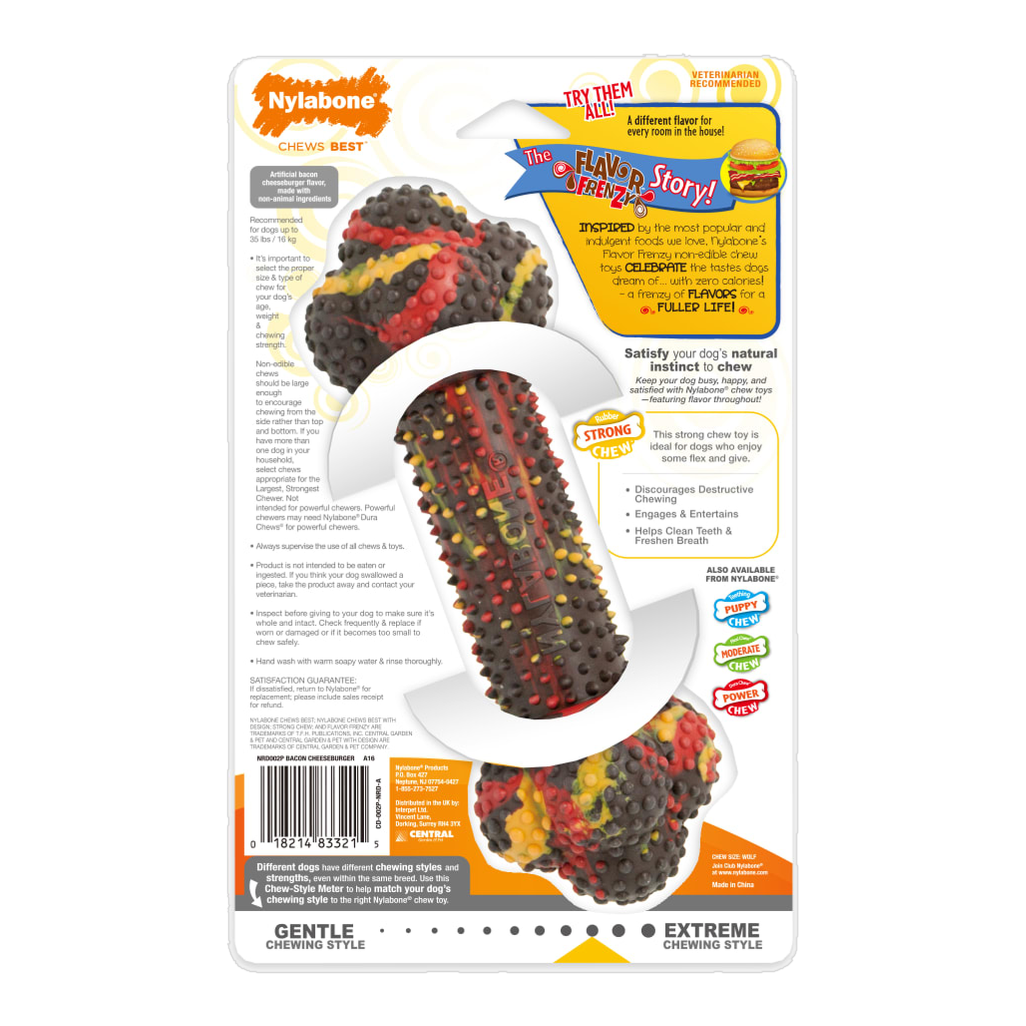 Nylabone Strong Chew Double Action Bone Bacon Cheeseburger Medium package back with care and safety information