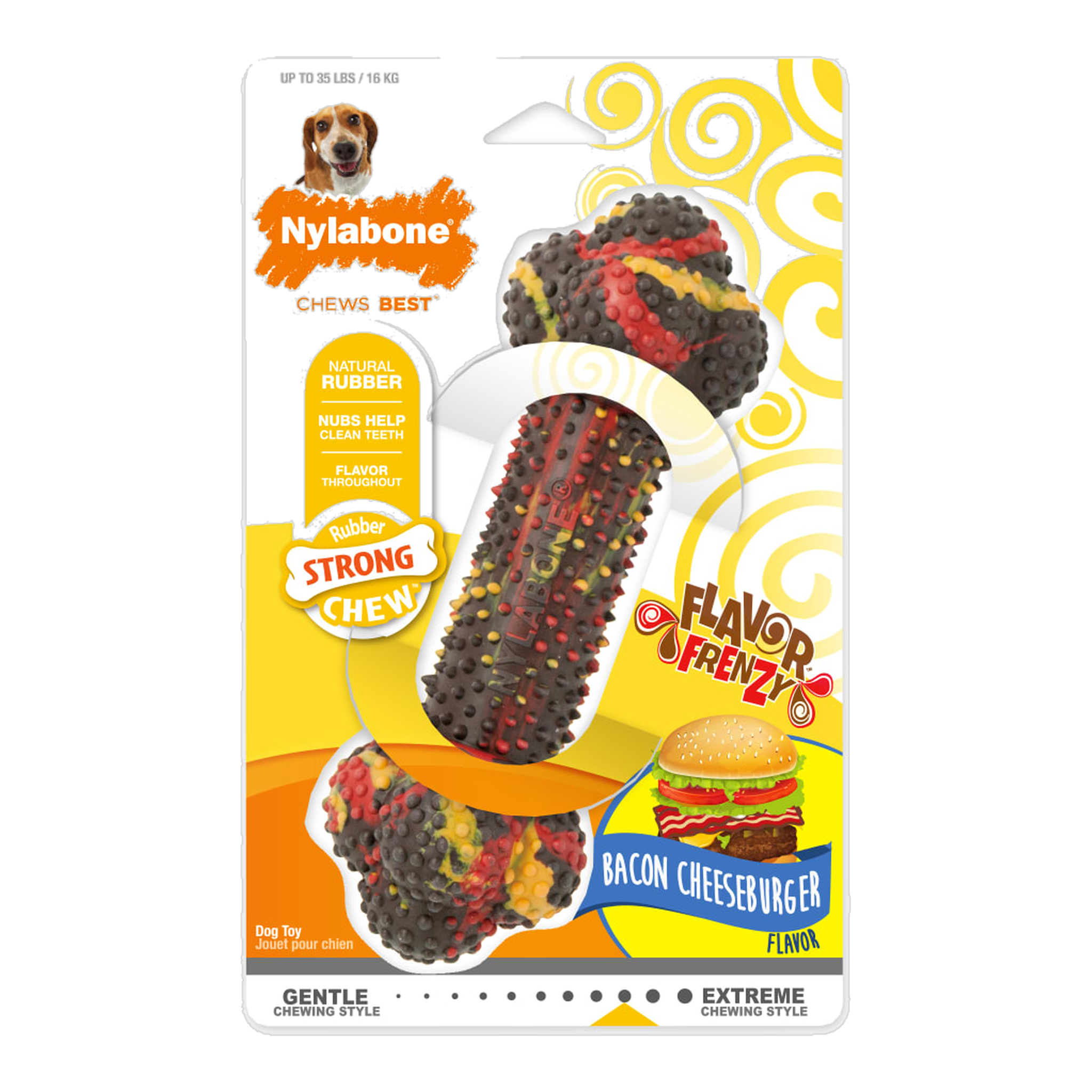 Nylabone Strong Chew Double Action Bone Bacon Cheeseburger Medium in package, front