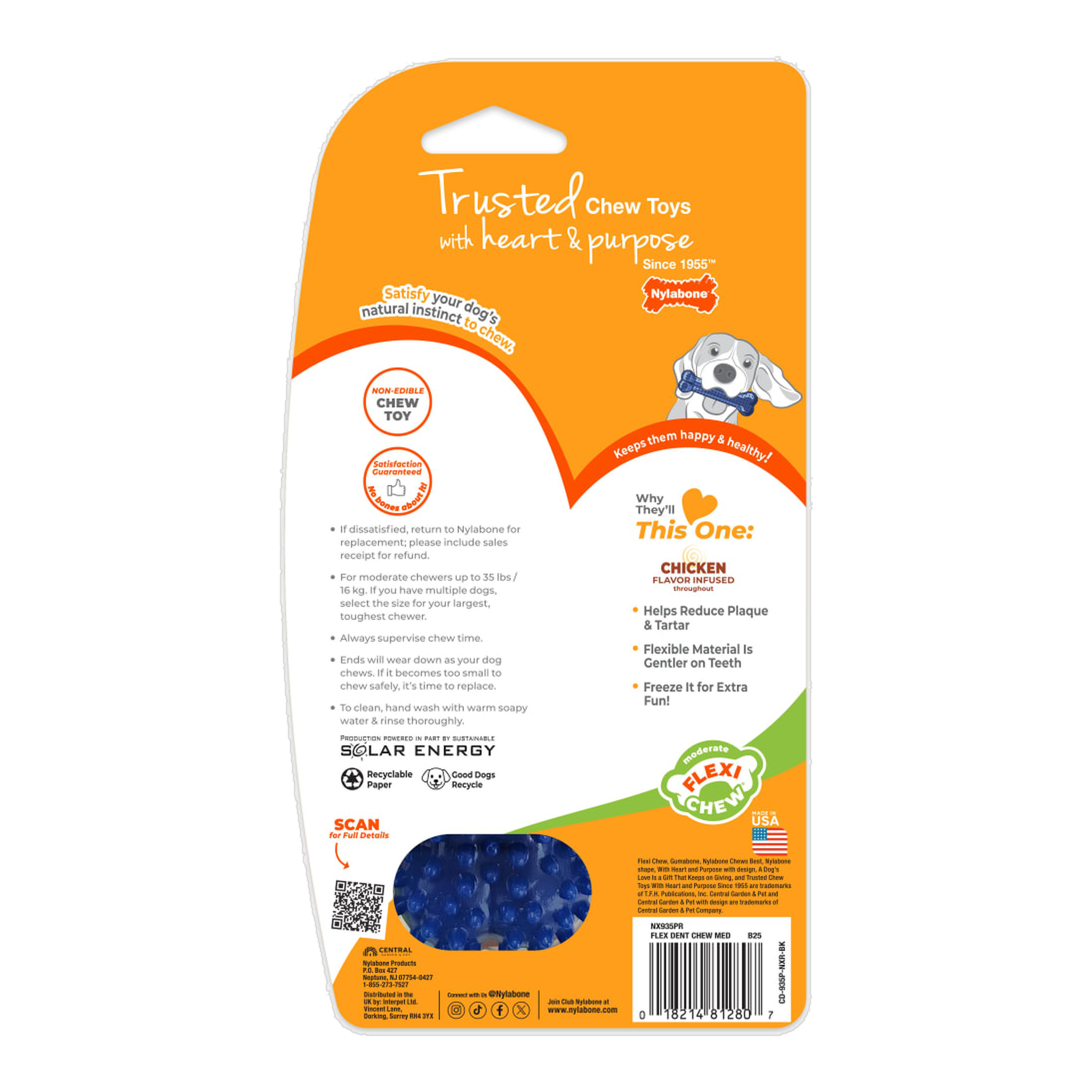 Nylabone Flexi Chew Gumabone Textured Dental Bone Chicken Medium package back with care and safety information
