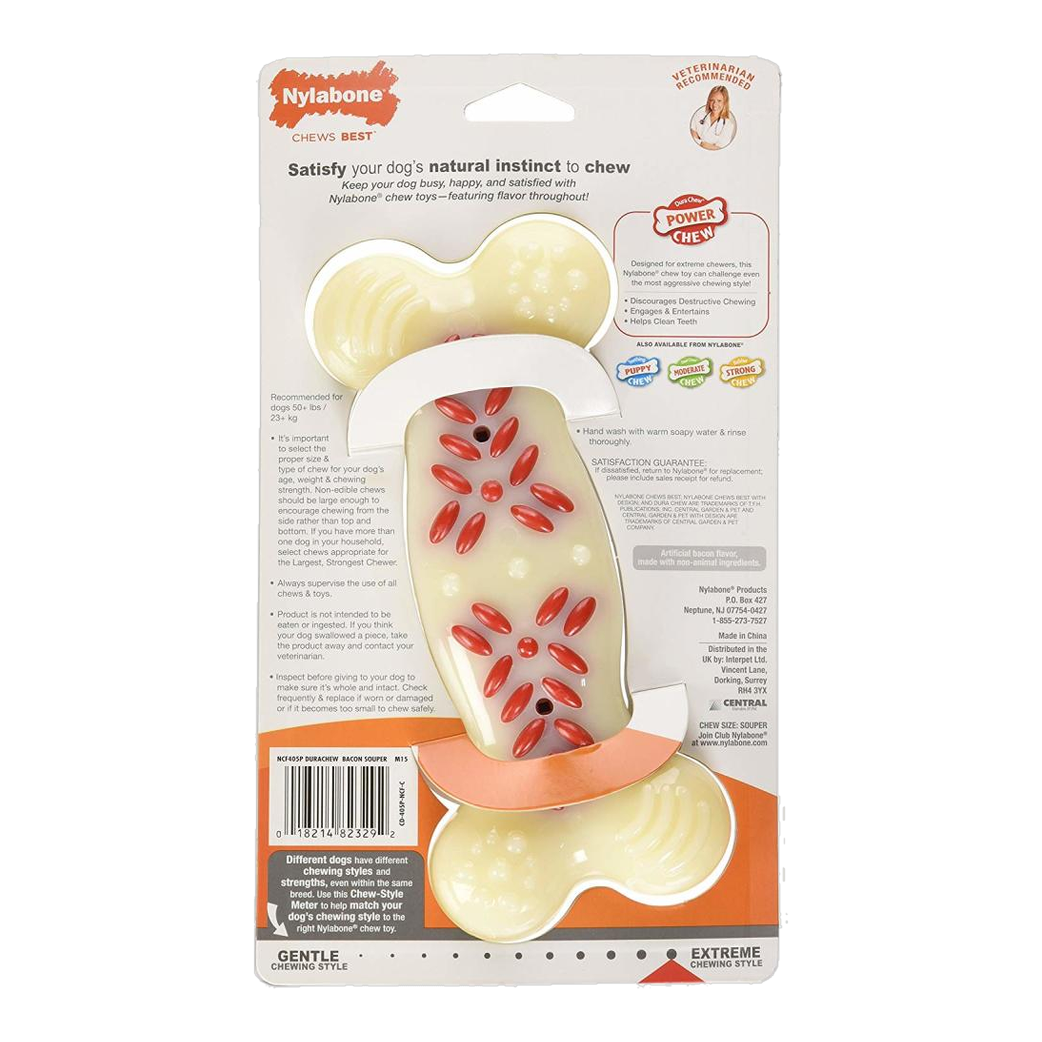 Nylabone Power Chew Action Ridges Chew Toy Bacon X-Large package back with care and safety information