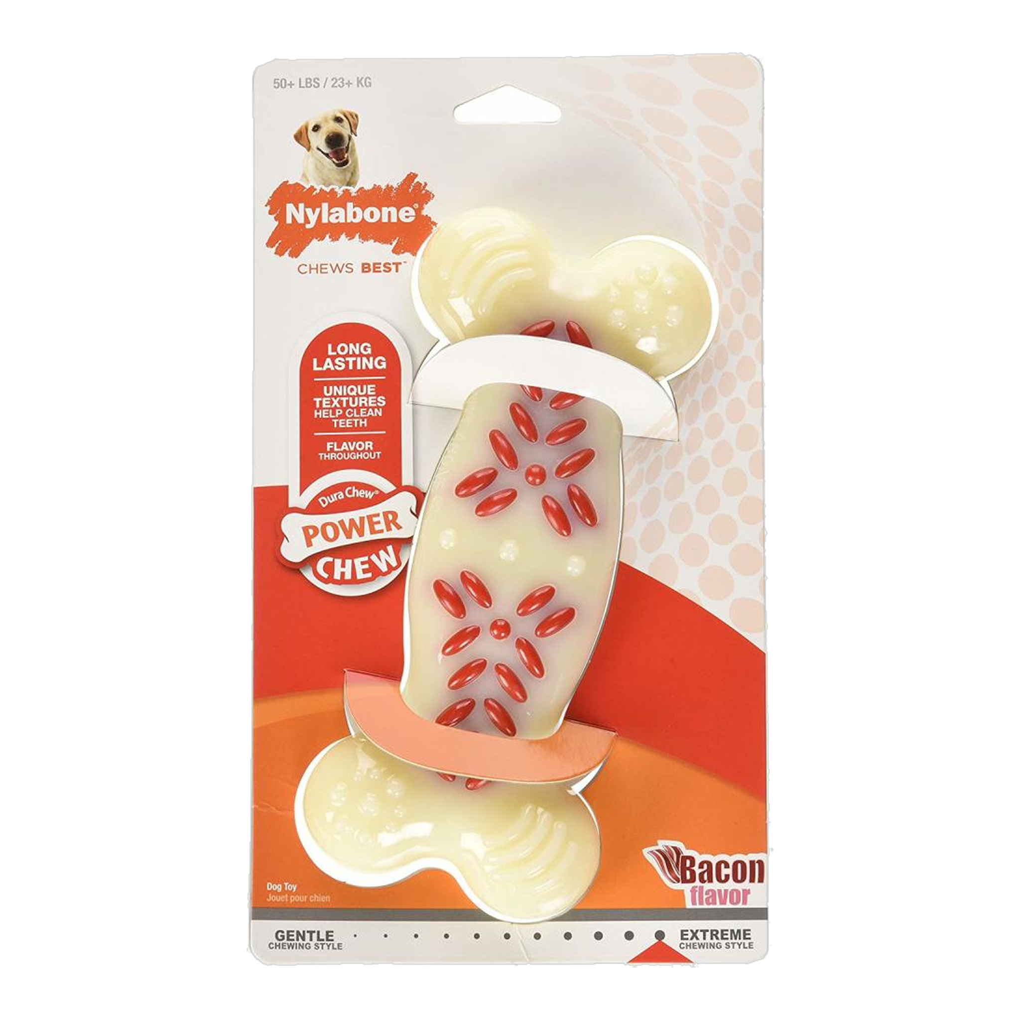 Nylabone Power Chew Action Ridges Chew Toy Bacon X-Large in package, front